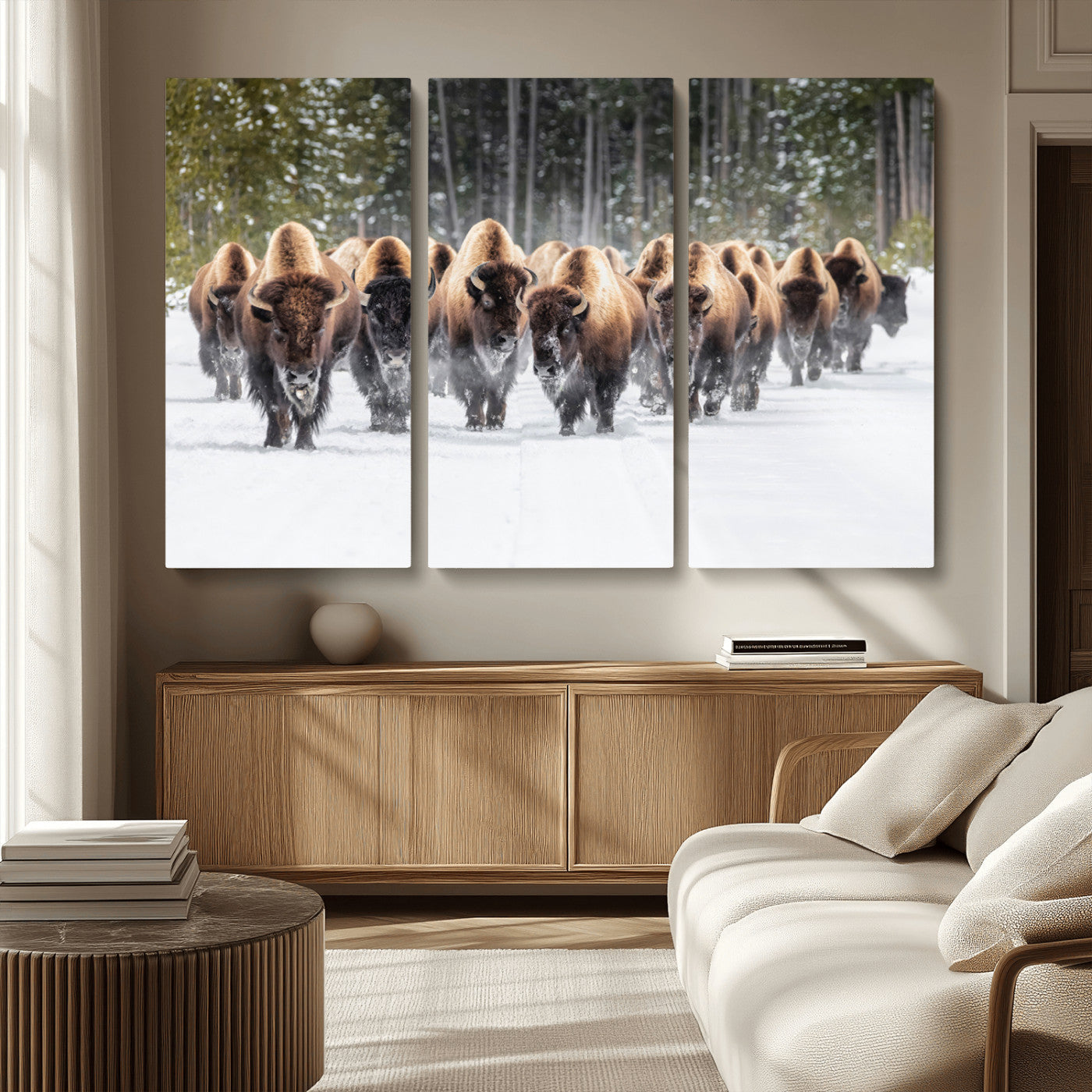 96906195-MGV-CV-48X32-3P - American Bison Herd Snow Canvas Wall Art – Powerful Winter Wildlife Print of Buffalo Motion, Rustic Lodge or Western Cabin Decor for Living Room, Office