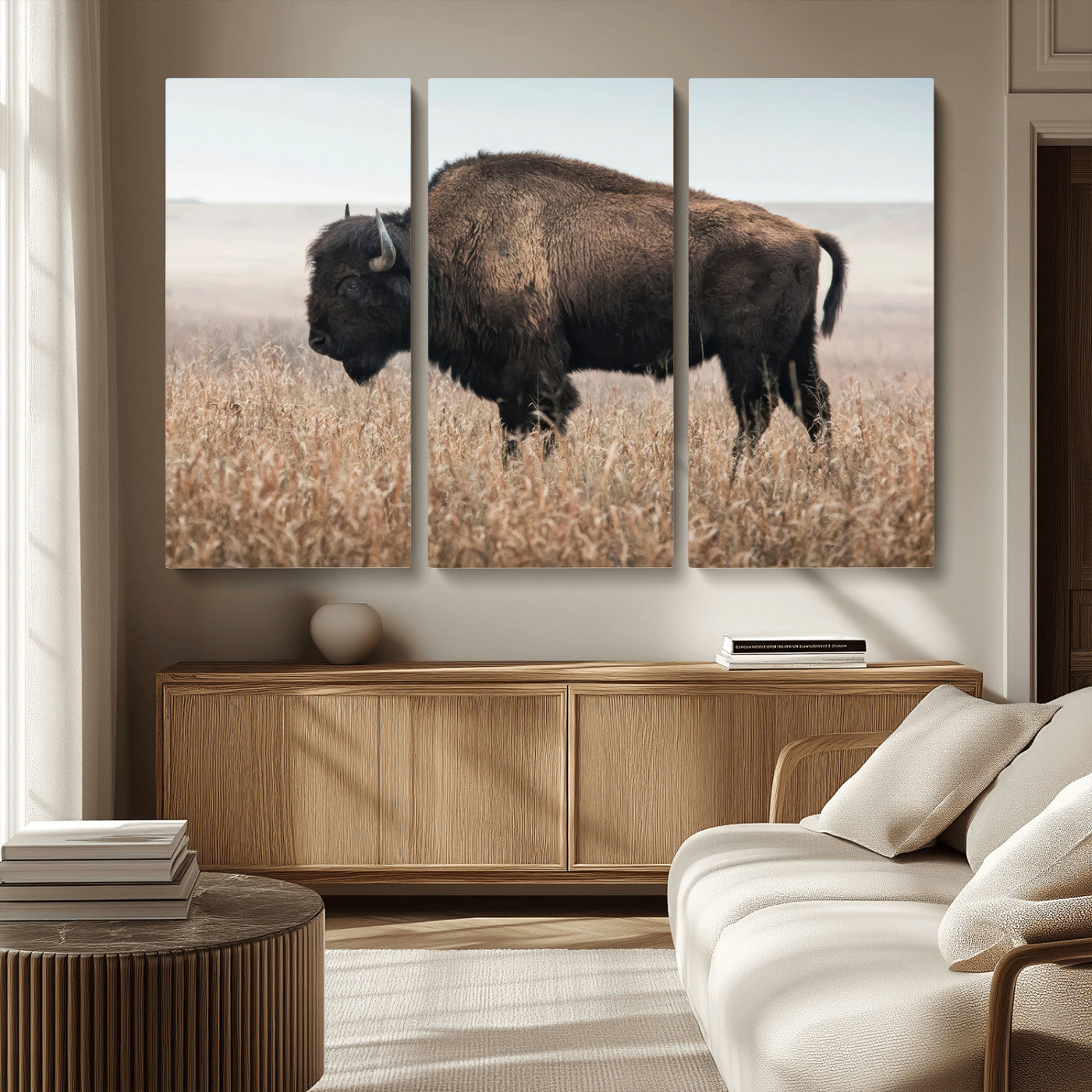 MGV-CV-48X32-3P - American Bison in Field  Wall Art Canvas Print – Powerful Winter Wildlife Scene with Buffalo in