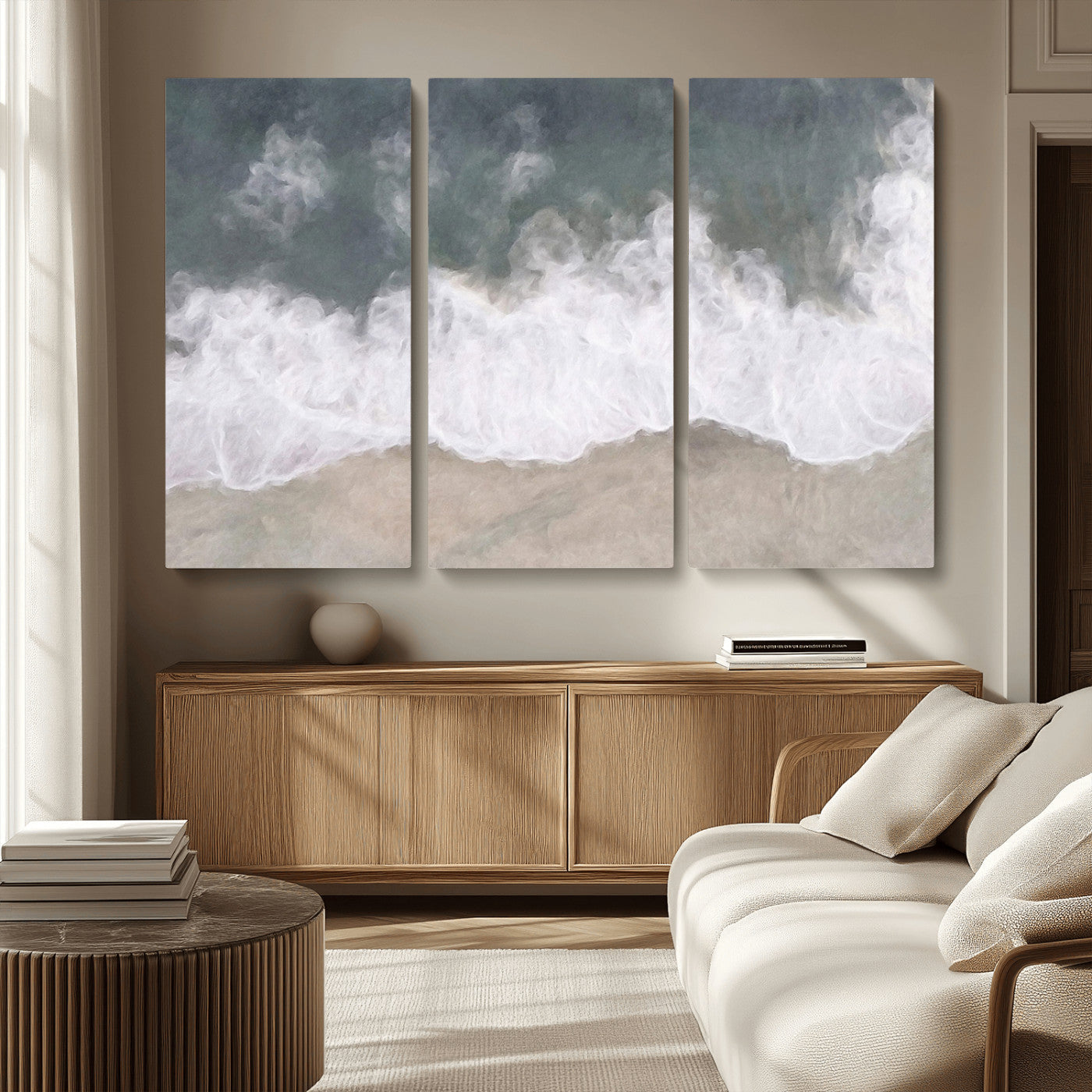 Wall art canvas print featuring foamy ocean waves softly rolling onto a sandy shore with a dreamy, painterly texture.