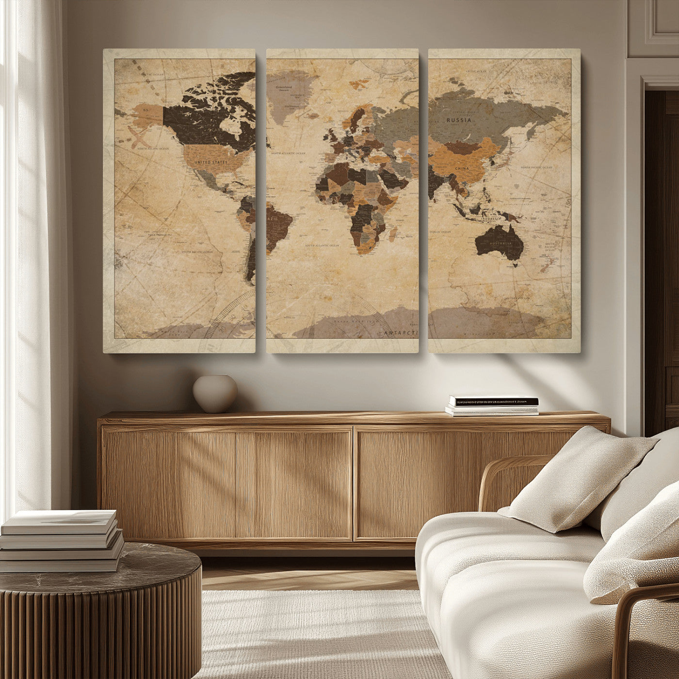 Vintage-style world map with muted brown, beige, and sepia tones, showing countries and continents with a weathered paper texture background.