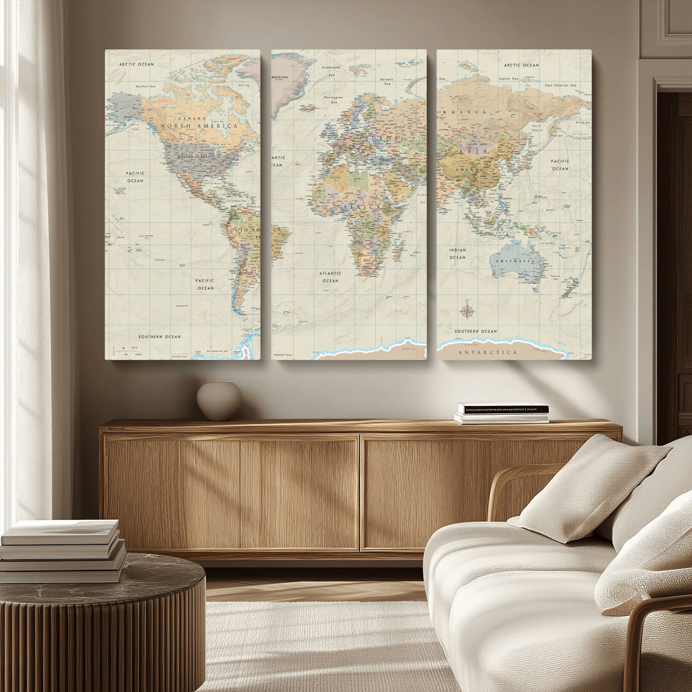 A detailed vintage-style political world map displaying continents, countries, and oceans with clear borders and labels, set on a beige textured background with grid lines.