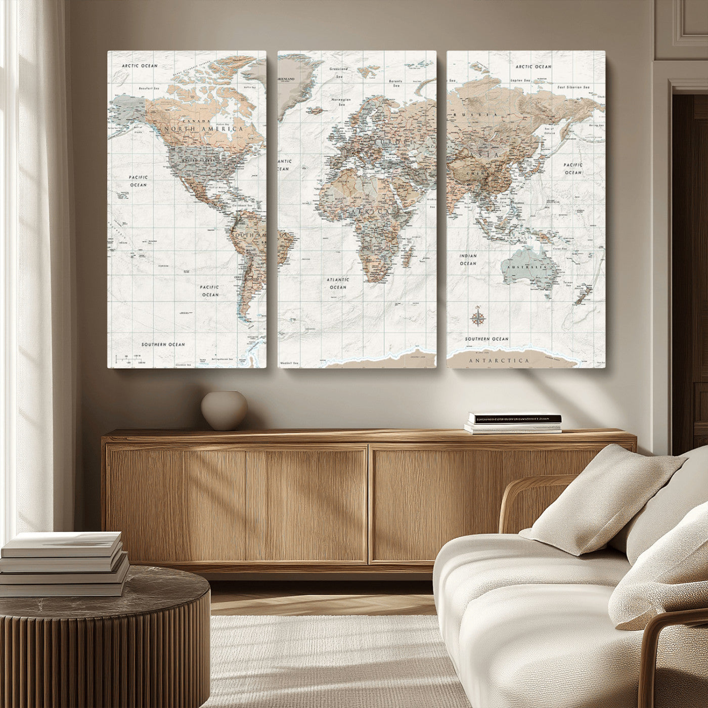 Vintage world map with detailed country borders and labels, featuring soft earthy tones of beige, brown, and gray on a textured parchment background, including oceans, continents, and major cities.
