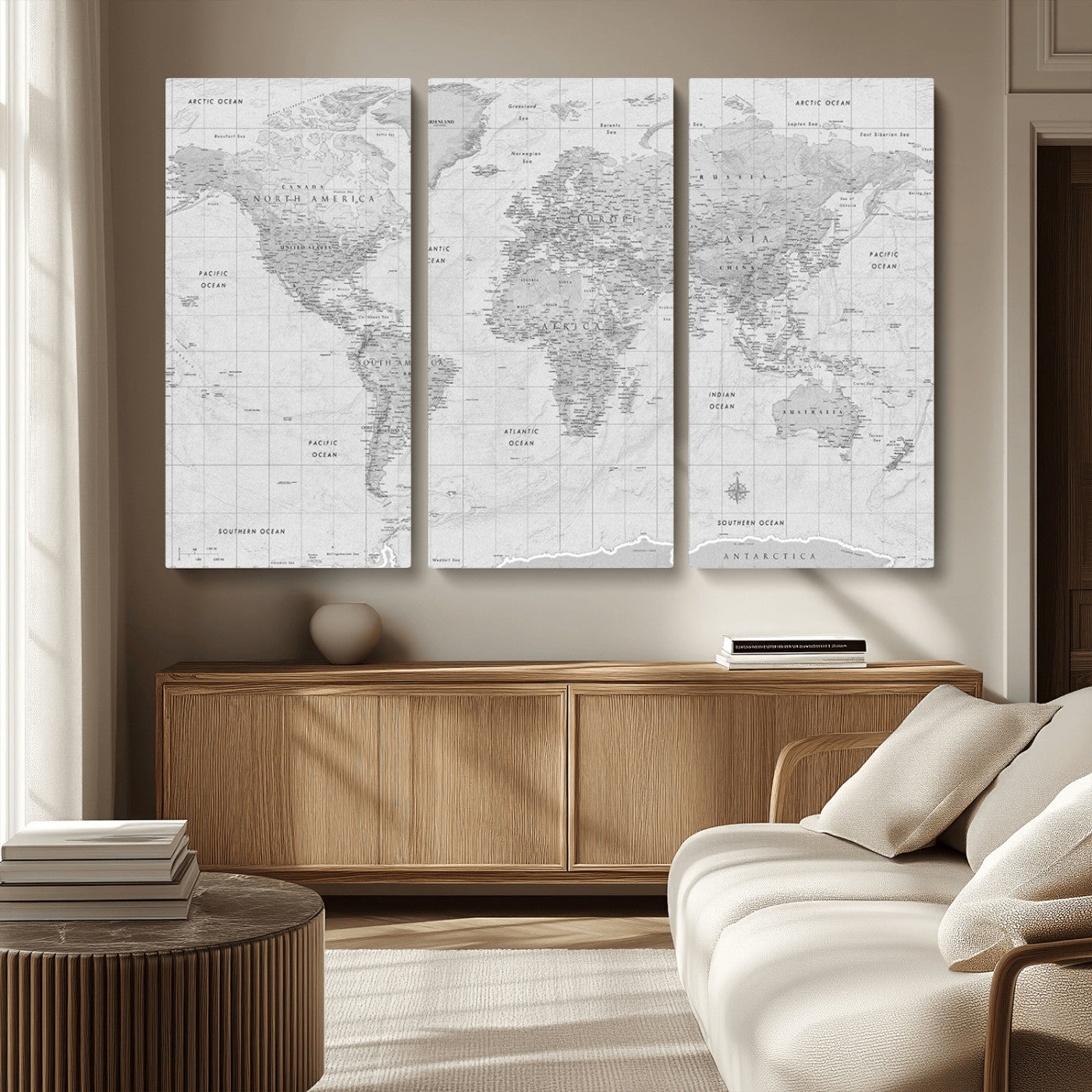 Grayscale vintage world map with detailed country borders, oceans, continents, and major cities on a textured parchment background.