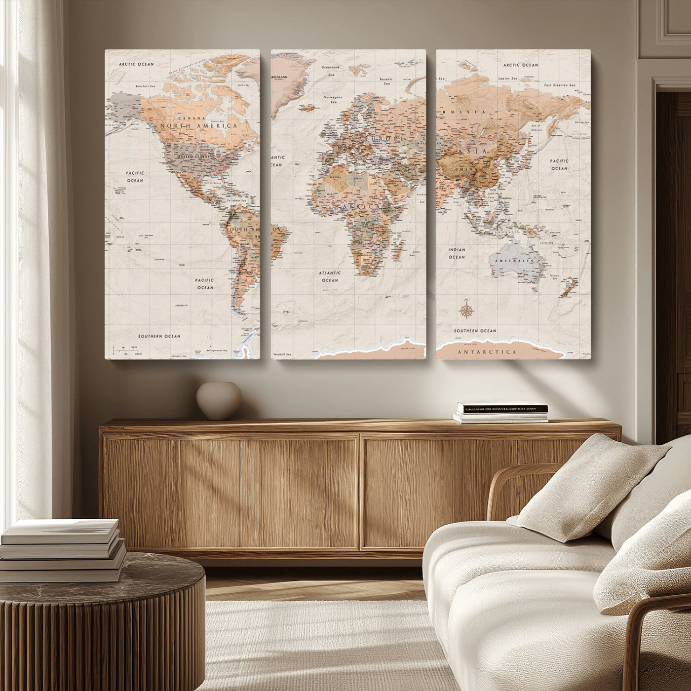 Detailed vintage world map with warm earth tones showing country borders, oceans, continents, and major cities, styled with a textured parchment background.