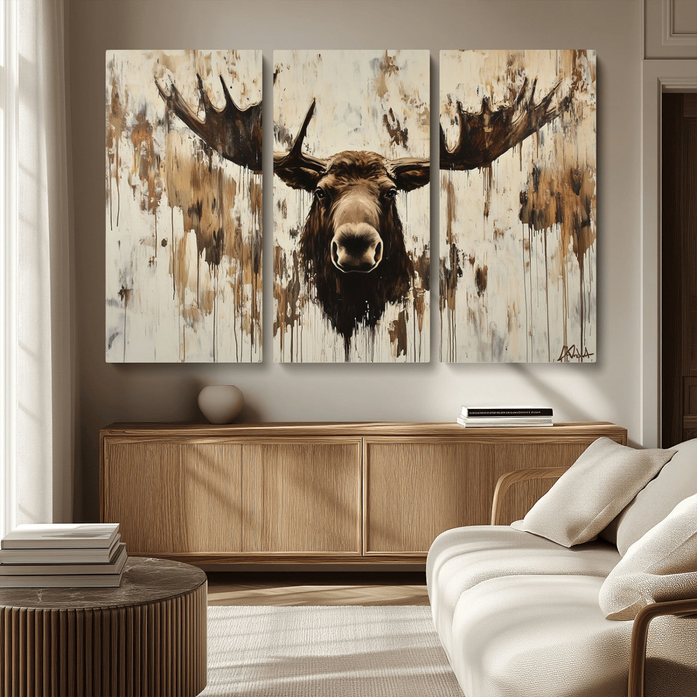 Expressive painting of a moose head with wide antlers in dark brown and beige tones, featuring paint drips and splatters on a light textured background, creating a striking rustic wall art canvas.