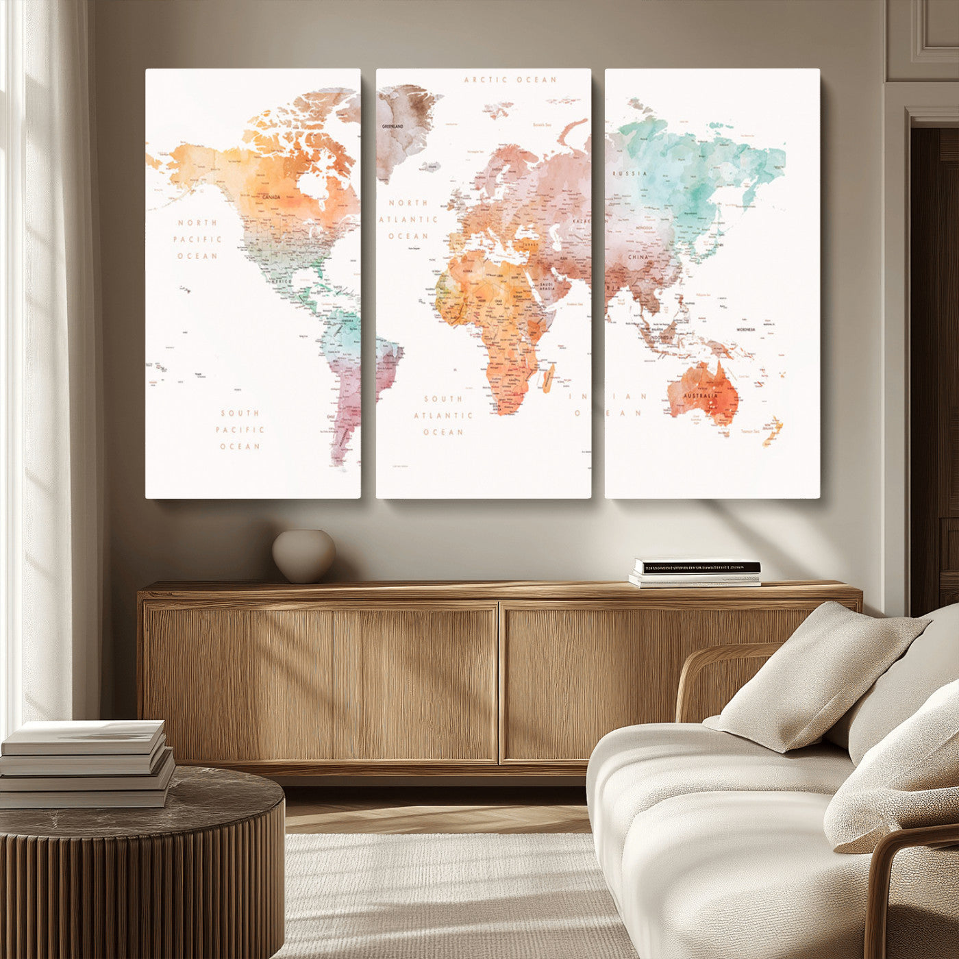 Watercolor world map featuring soft pastel hues in orange, green, blue, and purple on a light background, printed on canvas for vibrant and artistic wall decor.