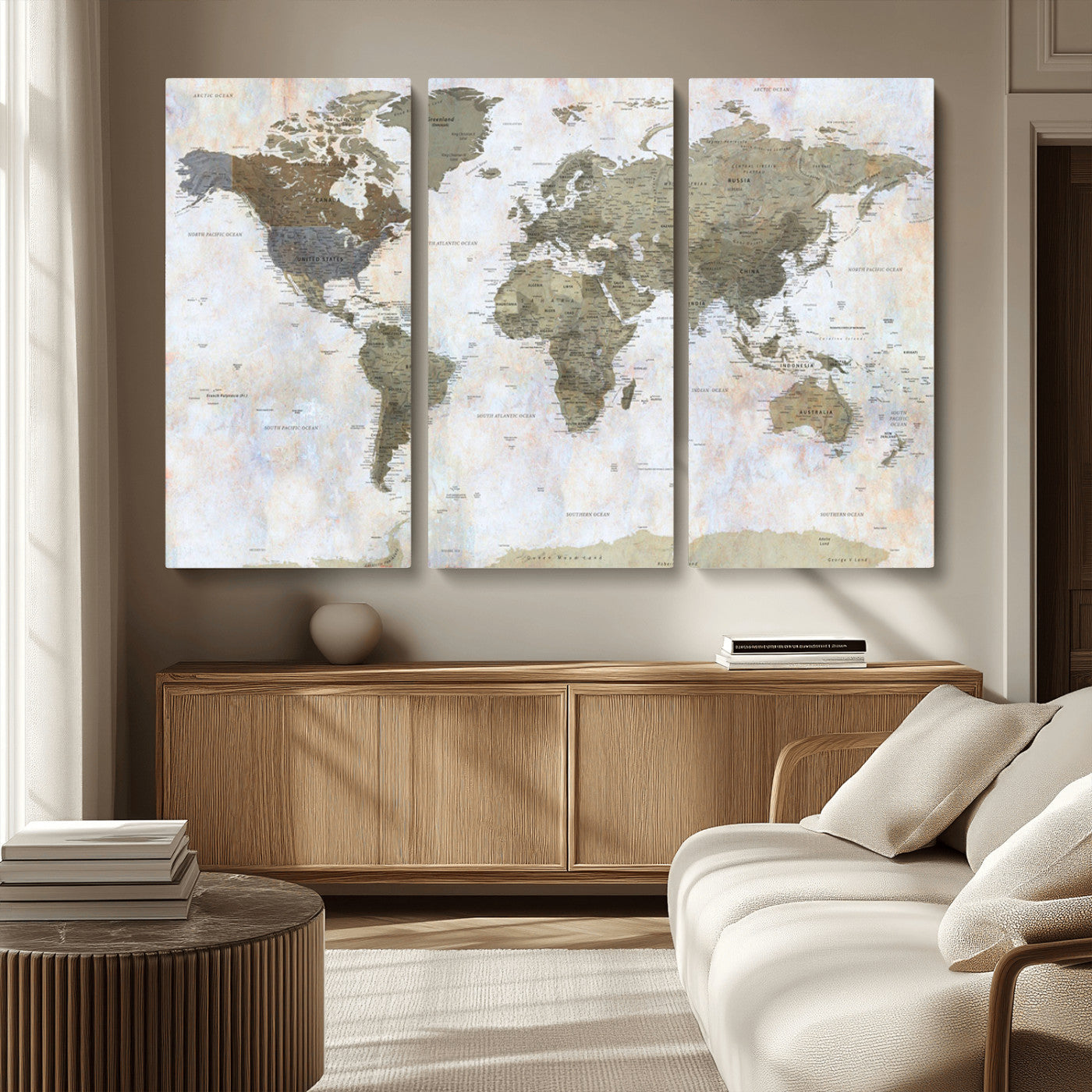 World map printed on a textured canvas with soft muted earth tones and a weathered background, showing detailed countries and continents, perfect for vintage-style wall art.