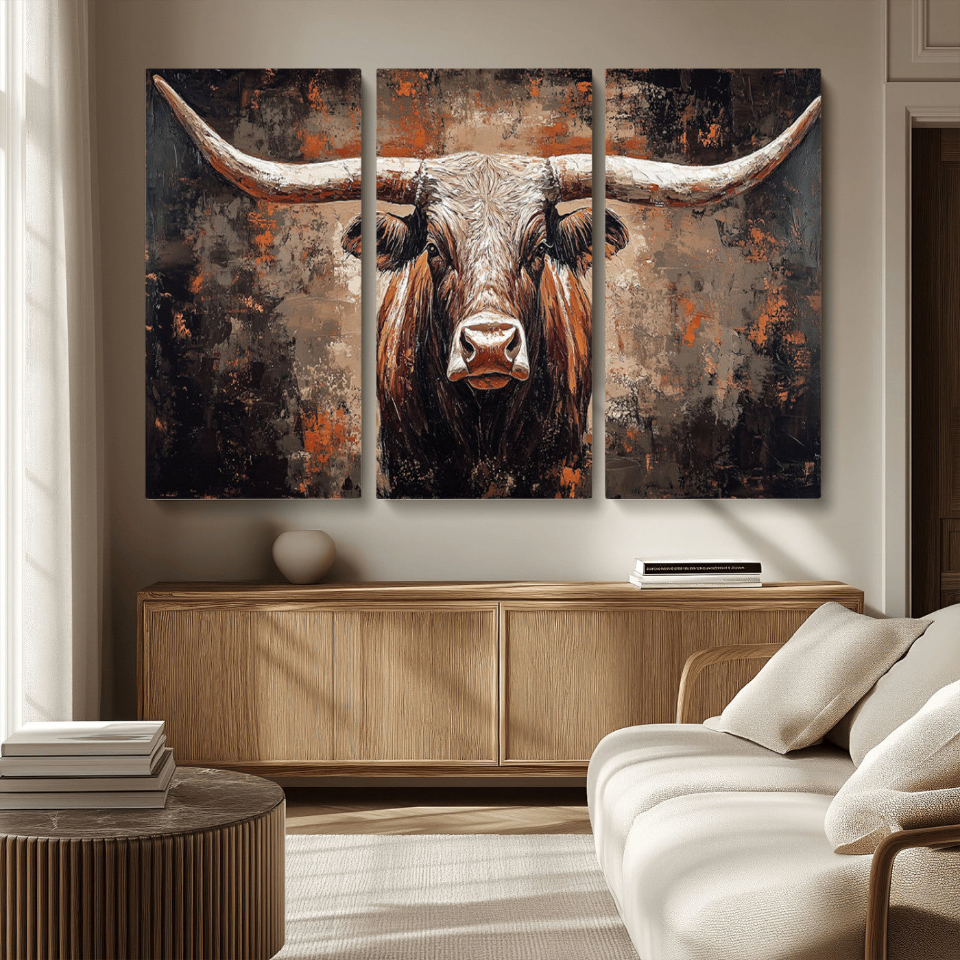 42732393-MGV-CV-36X24-Rustic Longhorn Bull Wall Art Canvas Print – Vintage Western Cattle Painting, Texas Steer Artwork for Ranch, Farmhouse or Cowboy Decor