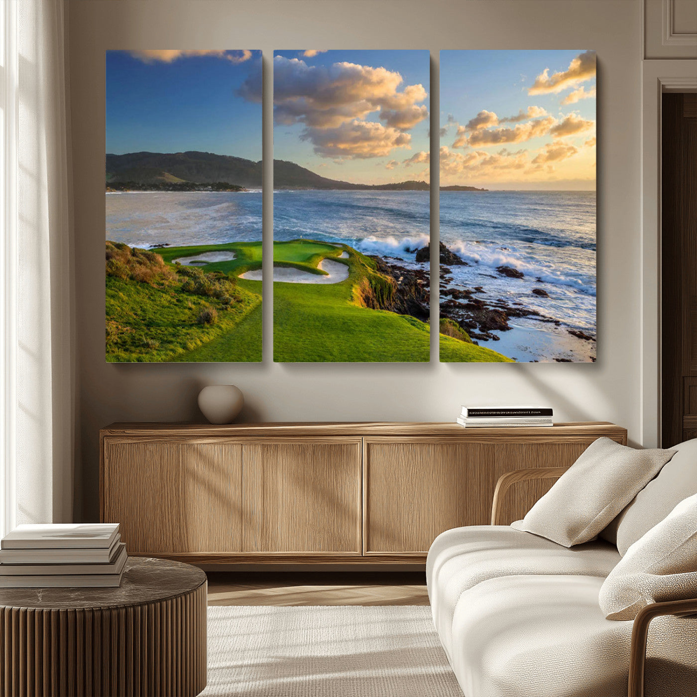 MGV-CV-48X32-3P - Pebble Beach Golf Links Wall Art Canvas Print – Iconic Coastal Golf Course Artwork, Perfect for