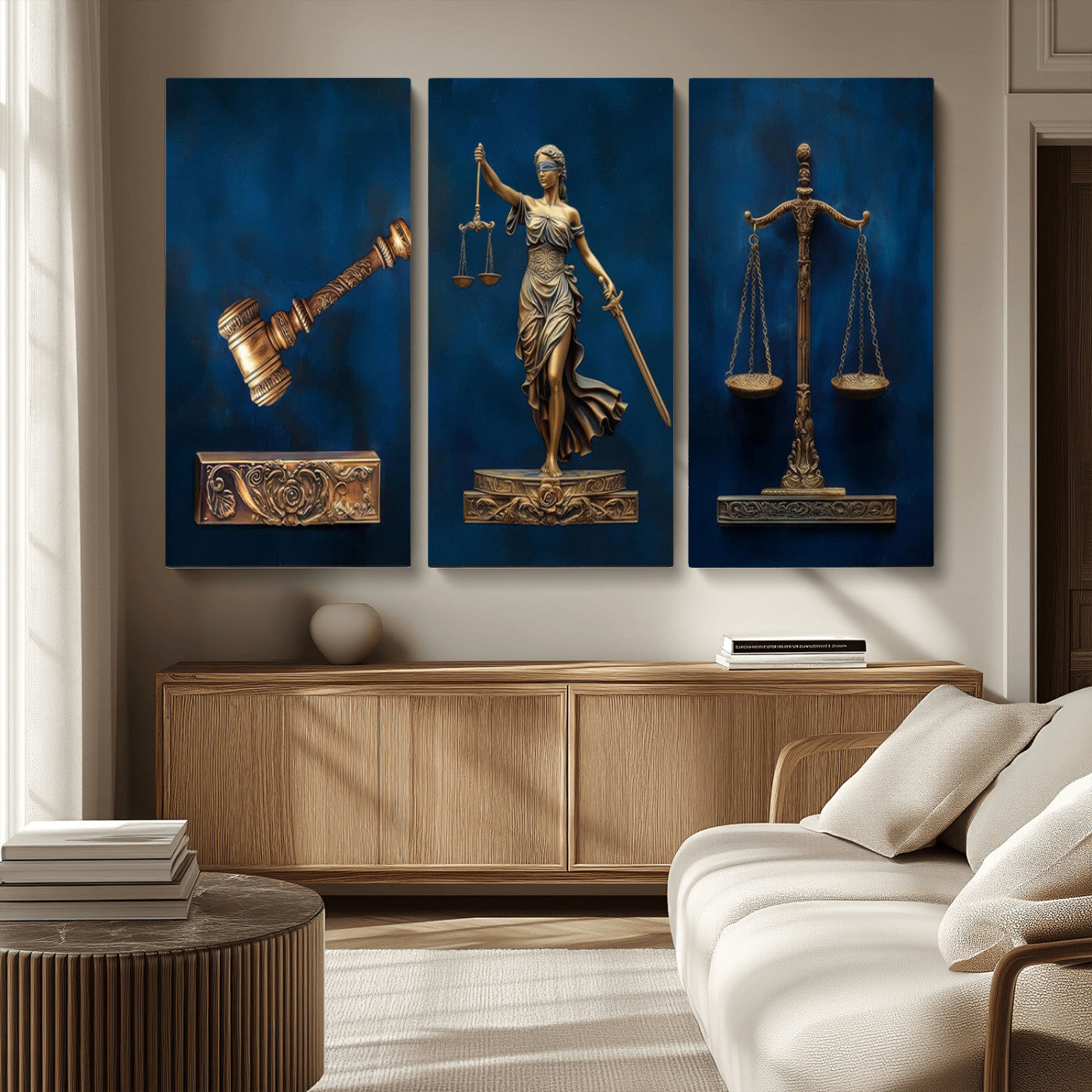 MGV-CV-48X32-3P - Lady Justice Wall Art Canvas Print – Elegant Gold Legal Symbols on Blue Background, Perfect for Law