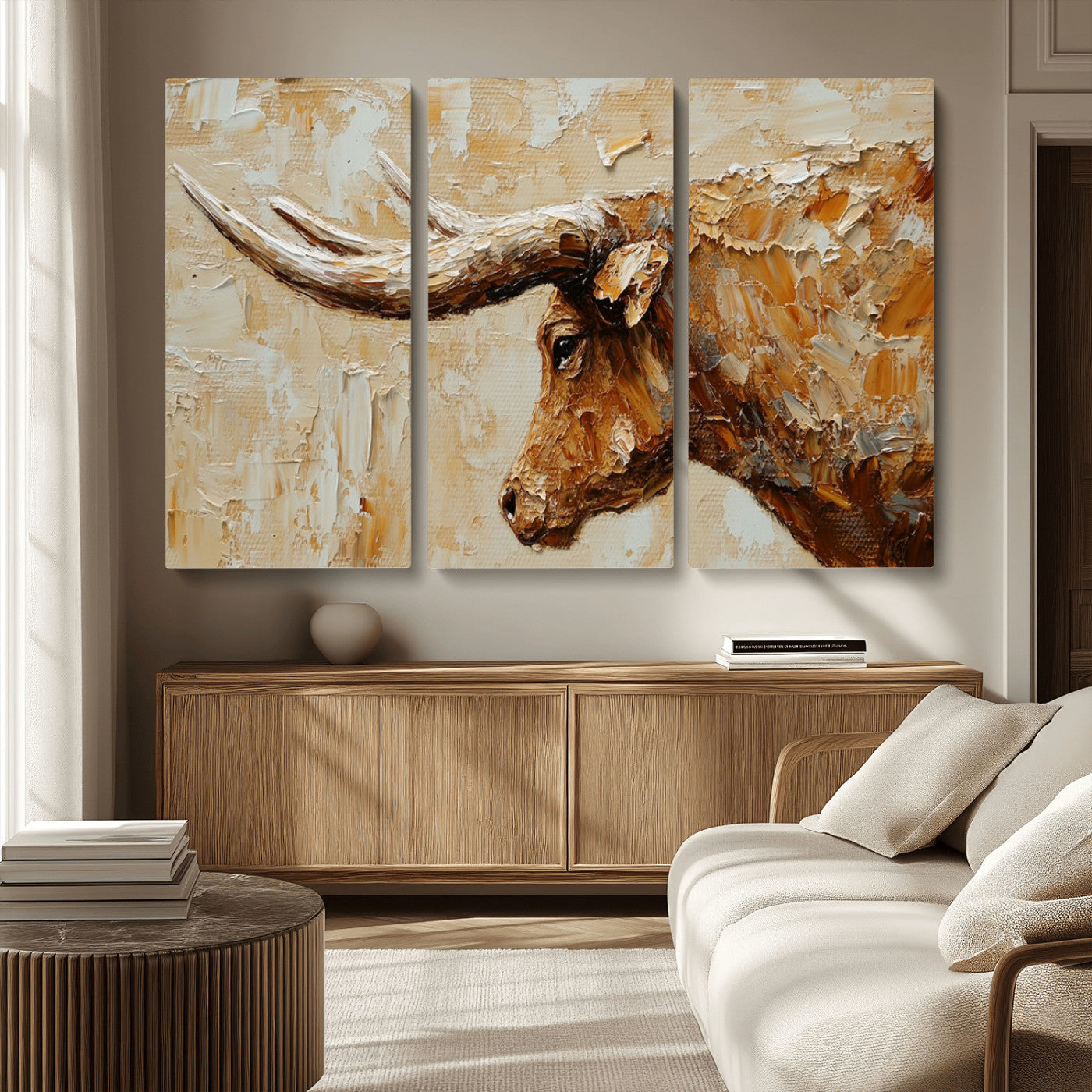 Rustic Longhorn Bull Wall Art Canvas Print – Vintage Western Cattle Painting, Texas Steer Artwork for Ranch, Farmhouse or Cowboy Decor