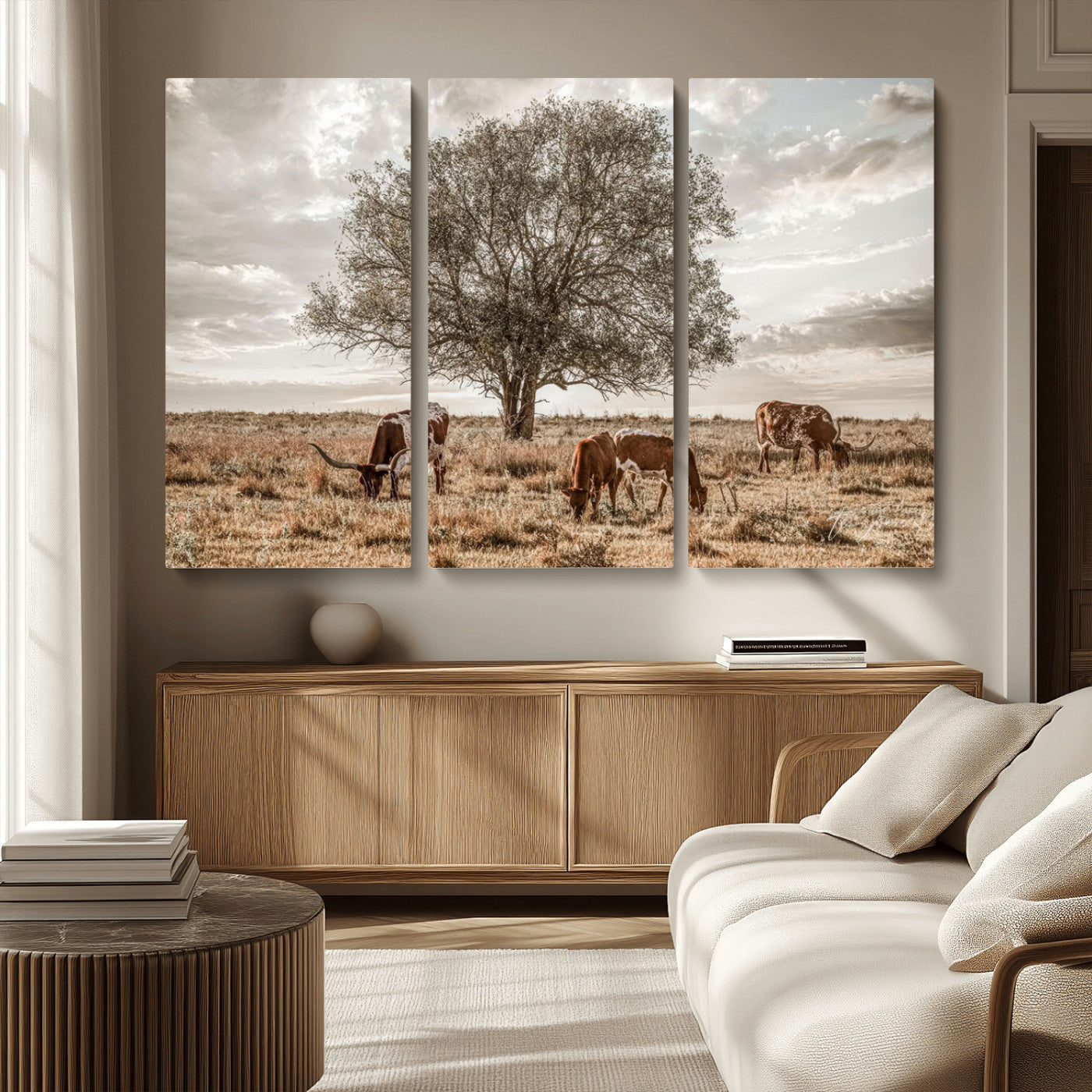 Texas Longhorn Cattle Wall Art Canvas Print – Rustic Western Ranch Scene with Steers at Sunset, Perfect for Farmhouse or Cowboy Decor