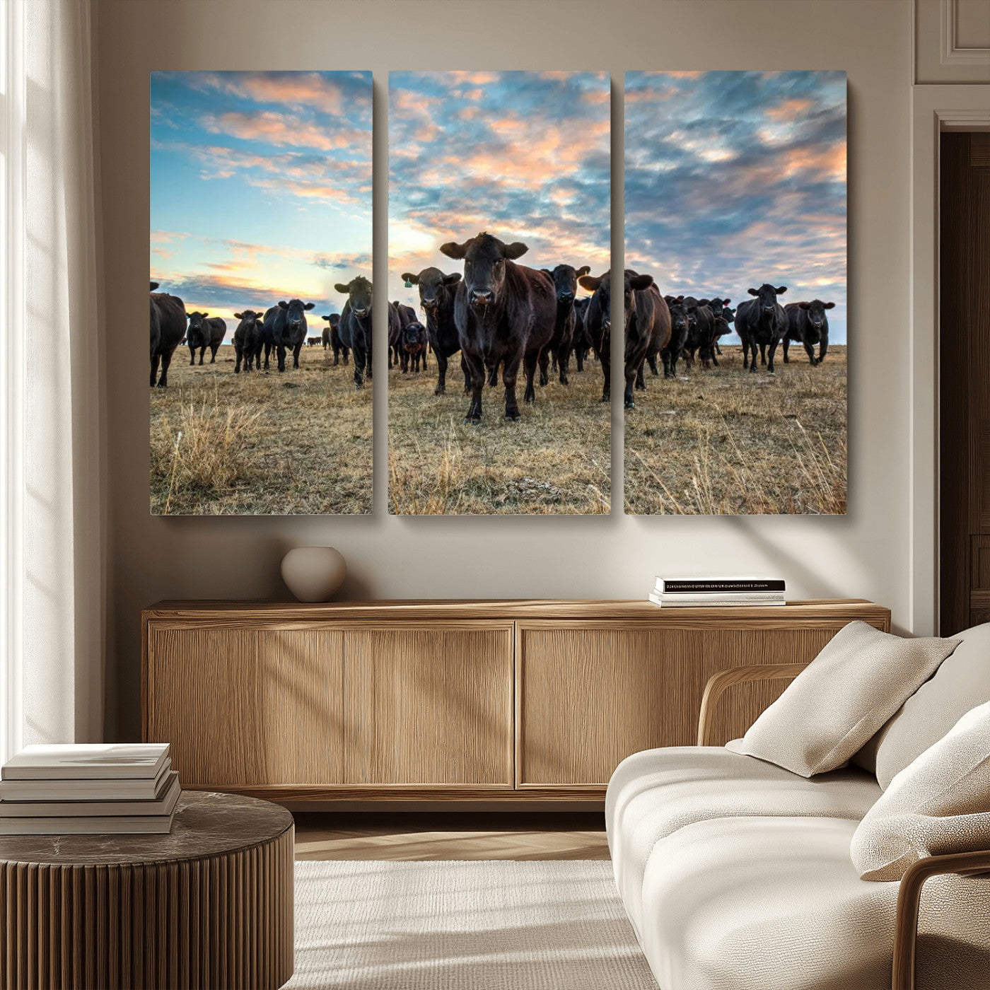 13867292-MGV-CV-36X24-Texas Longhorn Cattle Wall Art Canvas Print – Rustic Western Ranch Scene with Steers at Sunset, Perfect for Farmhouse or Cowboy Decor