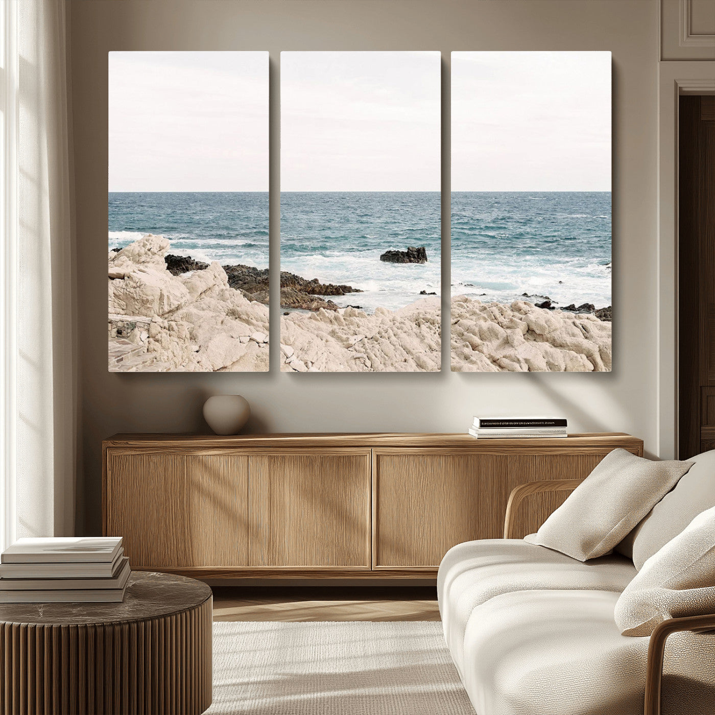 25481980-MGV-CV-36X24-Coastal Ocean View Wall Art Canvas Print – Serene Rocky Shoreline and Blue Sea Photography for Coastal Chic or Minimalist Home Decor