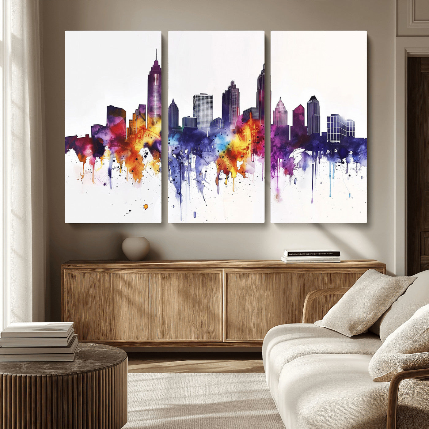 MGV-CV-48X32-3P - Atlanta Skyline Wall Art Print - Colorful Cityscape Watercolor Canvas