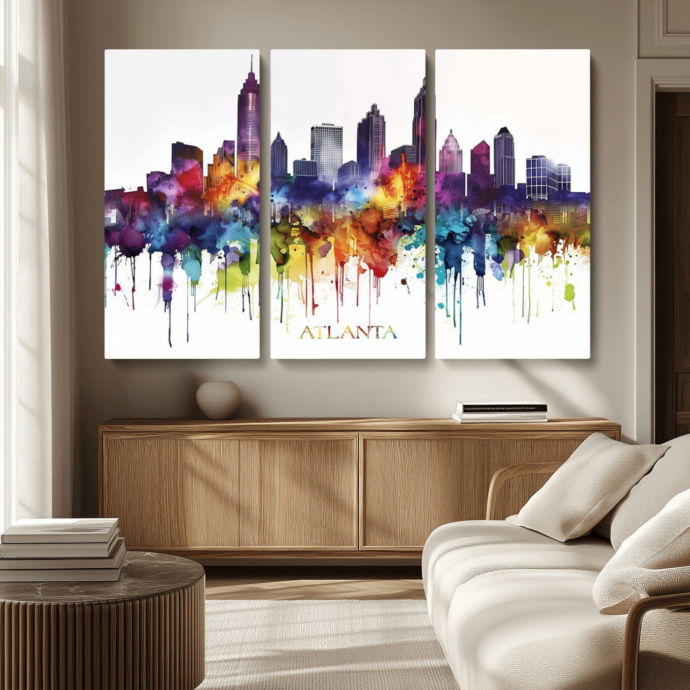 MGV-CV-48X32-3P - Atlanta Skyline Wall Art Print - Colorful Cityscape Watercolor Canvas - Abstract Urban Wall Decor -