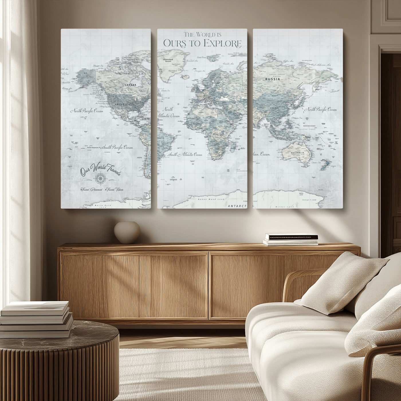 73654056-MGV-CV-48X32-3P - Personalized Push Pin World Map Canvas Print – Custom Framed Travel Tracker Artwork for Couples or Home Decor