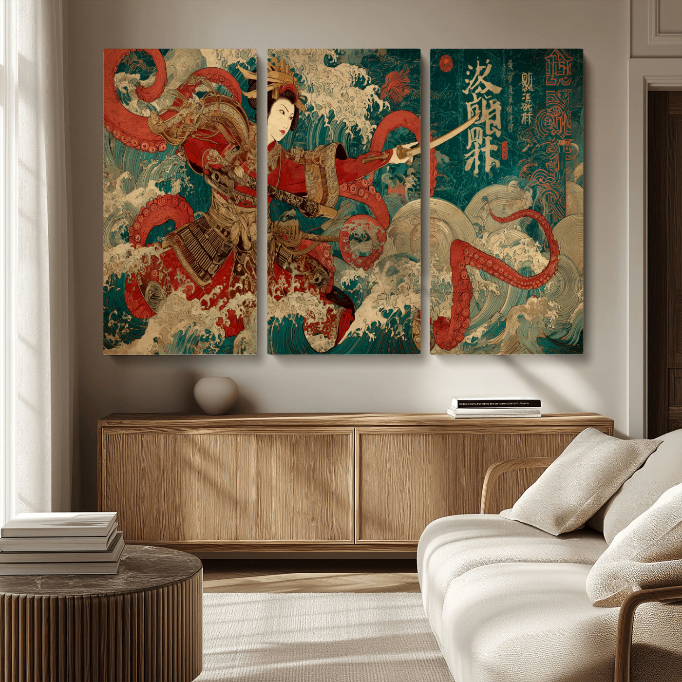 MGV-CV-48X32-3P - Tsukioka Yoshitoshi Samurai Wall Art Print, Japanese Katana Warrior Canvas Wall Art, Octopus Sea Monster Canvas Print,