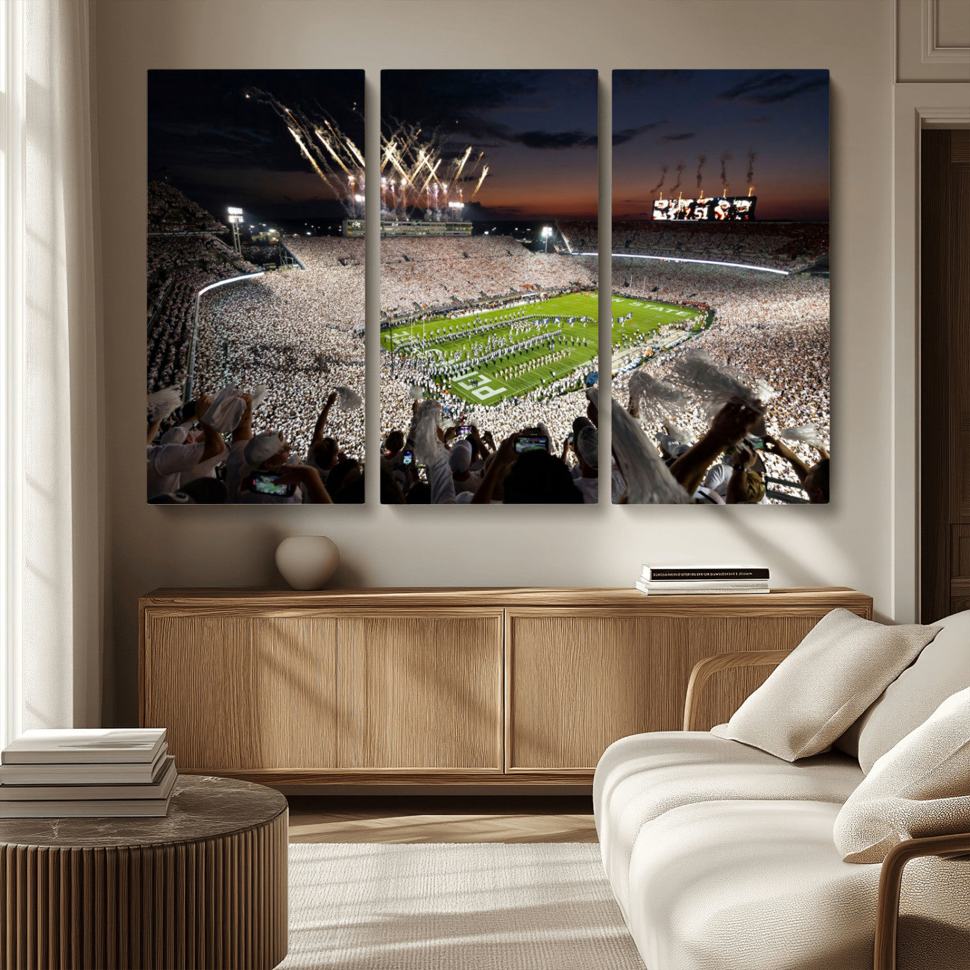 Penn State Stadium Wall Art Print, White Out Football Game Canvas Wall Art, Framed Sports Stadium, Large College Football Canvas Print for Game Room - Man Cave + 555