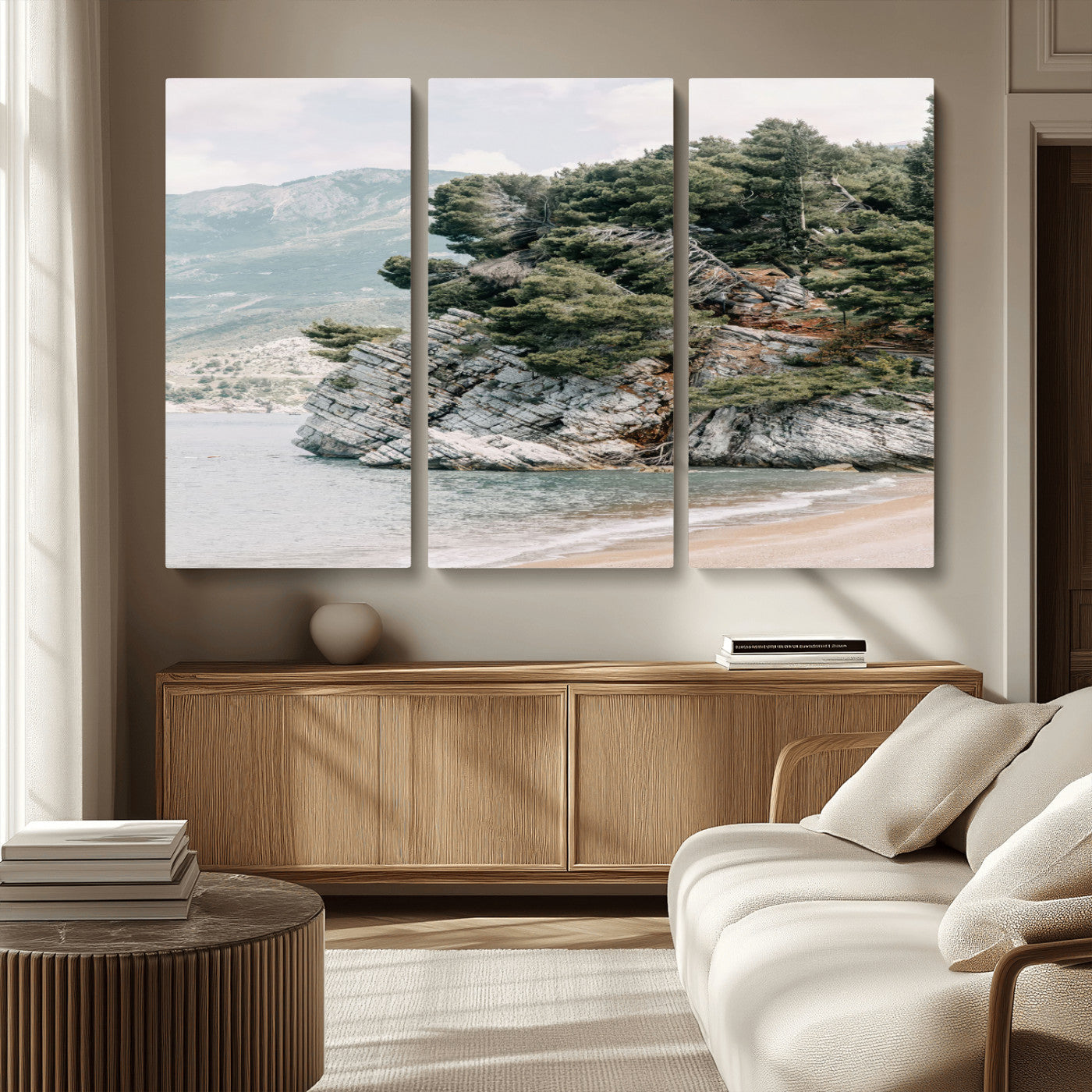 MGV-CV-48X32-3P - Coastal Rock Canvas Wall Art Print, Scenic Beach Landscape, Pine Trees on Rocky Cliff, Large Nature