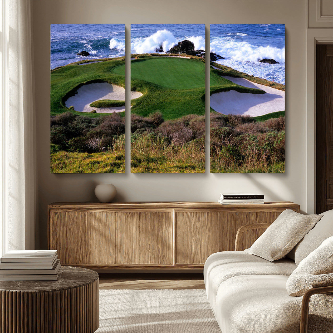 22776914-MGV-CV-36X24-Ocean Cliff Golf Green Canvas Print – Framed Majestic Coastal Scene with Lush Green Artwork for Home, Office