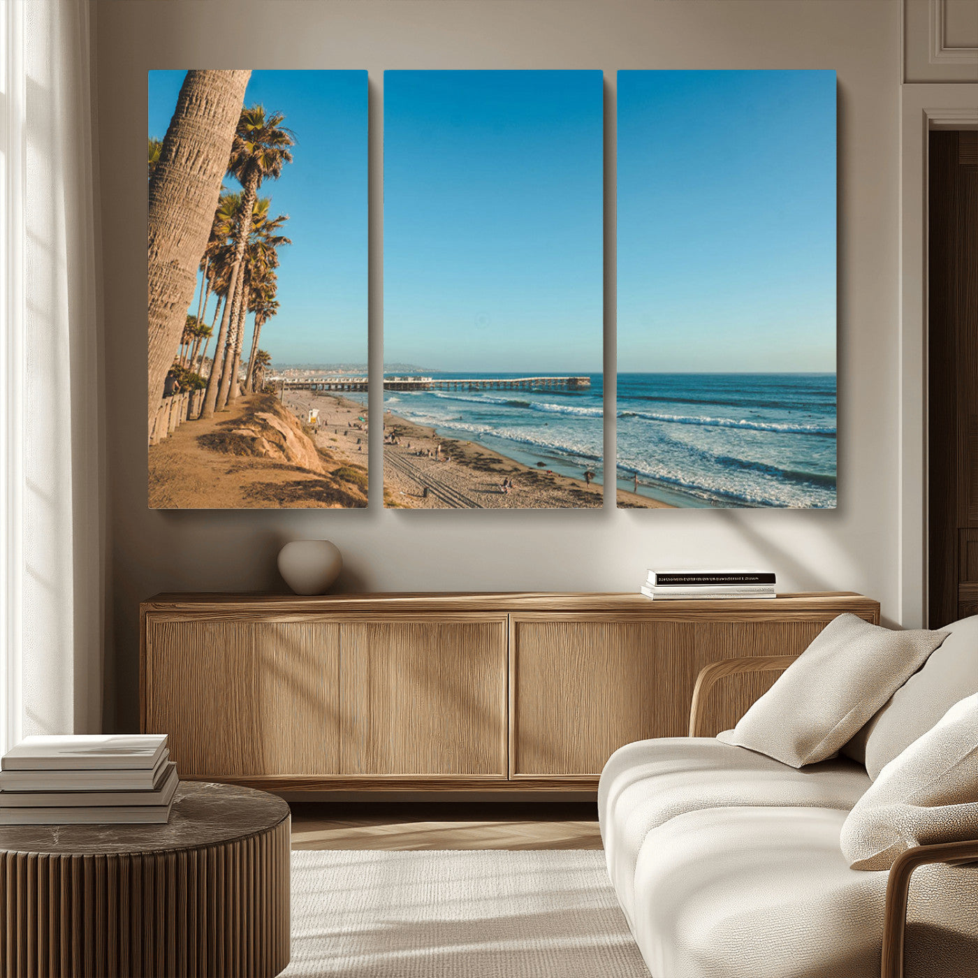 MGV-CV-48X32-3P - Scenic Beach with Tall Palm Trees, Sandy Shore, and Long Pier Stretching into the Calm Ocean Under