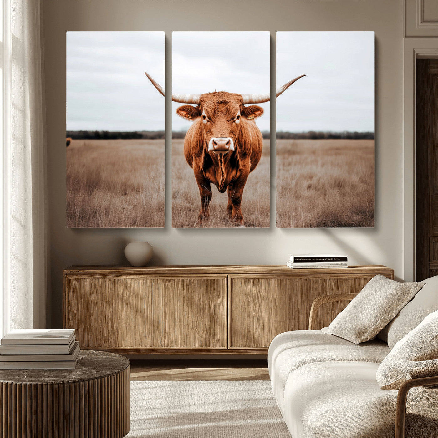 16316734-MGV-CV-48X32-3P - Longhorn bull, open field, rustic charm, natural beauty, Wall Art Canvas Print, countryside,