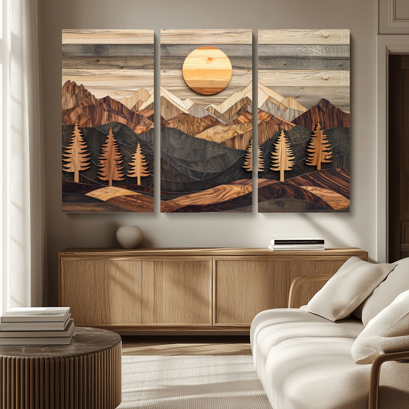 19832326-MGV-CV-48X32-3P - Wooden Mountain Landscape Layered Texture Geometric Shapes Sun Pine Trees Rustic Natural Tones Art