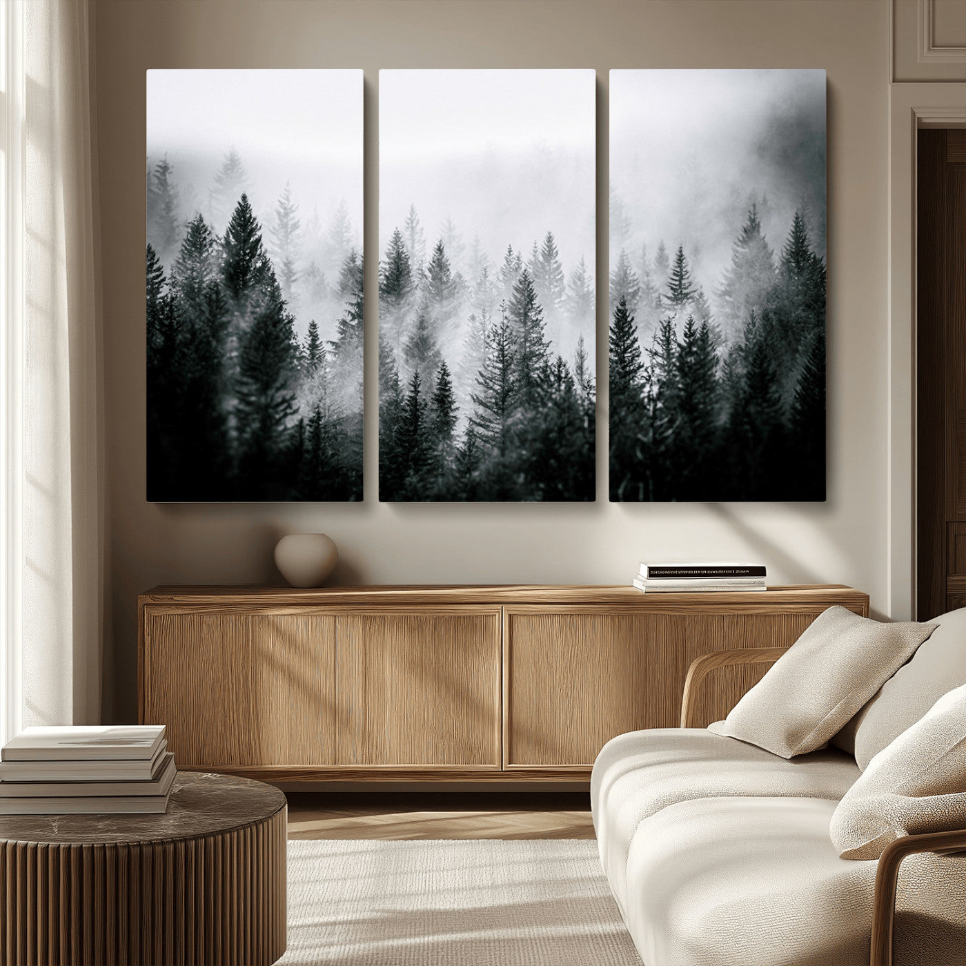 MGV-CV-48X32-3P - Foggy Pine Forest Canvas Wall Art – Black and White Nature Landscape Print, Horizontal Canvas for
