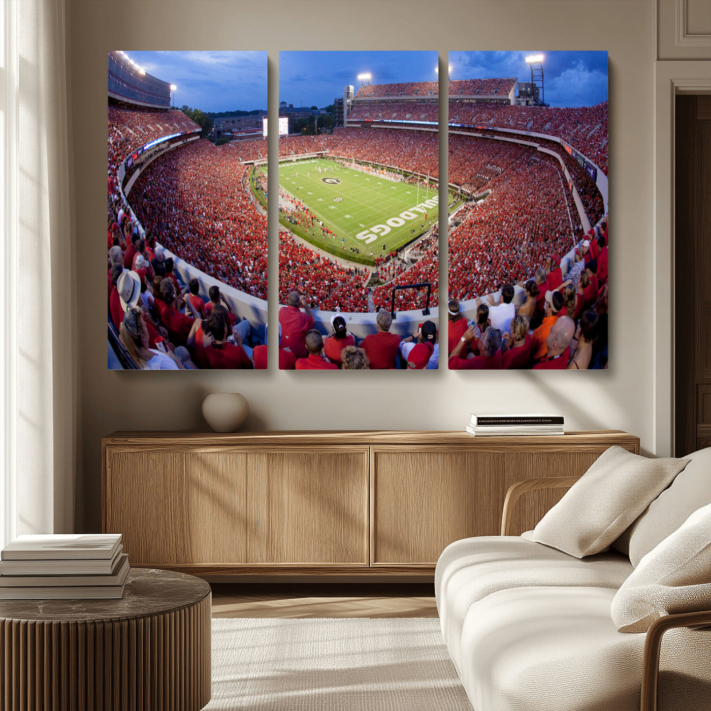 10244378-MGV-CV-48X32-3P-Dooley Stadium Wall Art Print, Sports Arena Canvas Wall Art, Dooley Field at Sanford Stadium Canvas Print, Modern Athletic Field Art Printing
