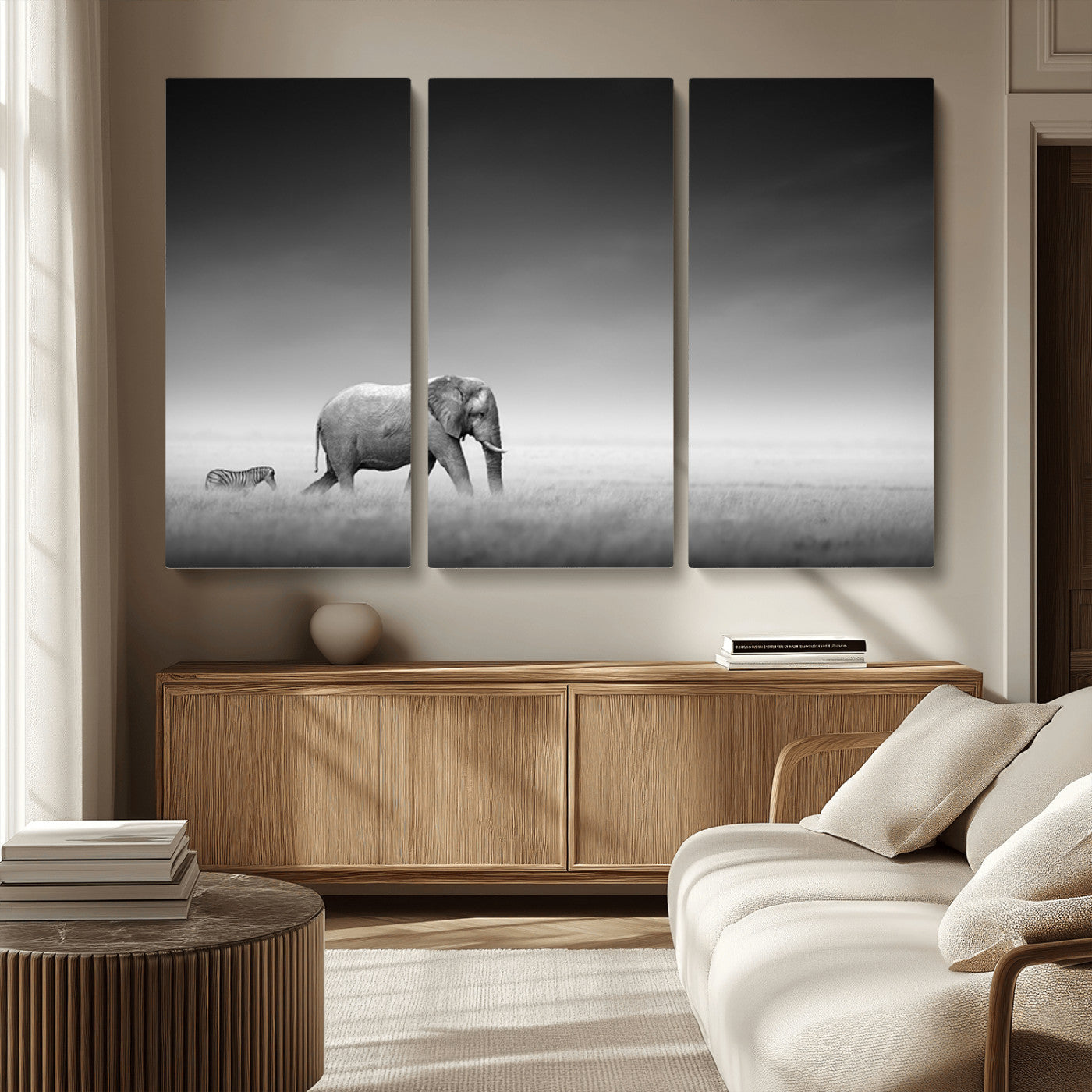 MGV-CV-48X32-3P - Elephand and Zebra Wall Art Canvas Print, Modern Artwork