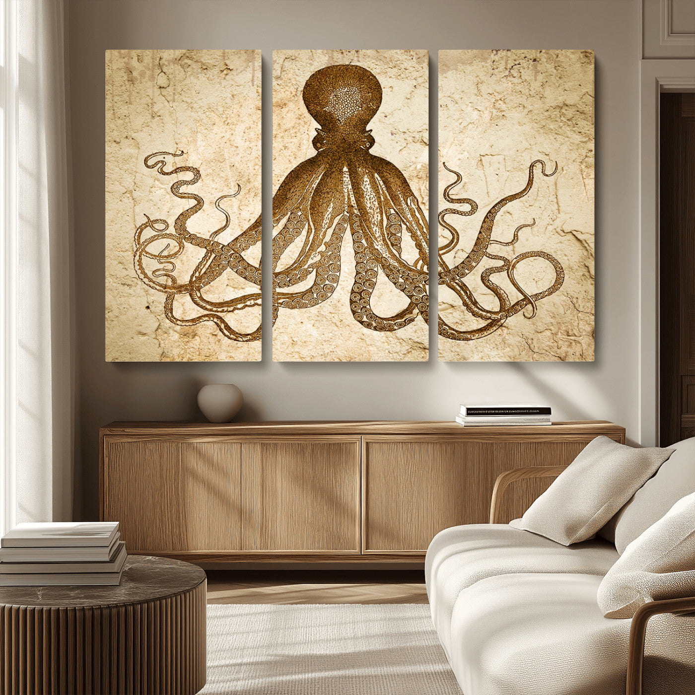 MGV-CV-48X32-3P - Sepia Octopus Wall Art Abstract Animal Canvas Print