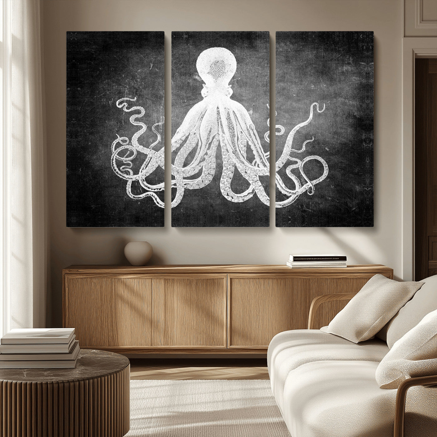MGV-CV-48X32-3P - Black White Octopus Wall Art Canvas Print
