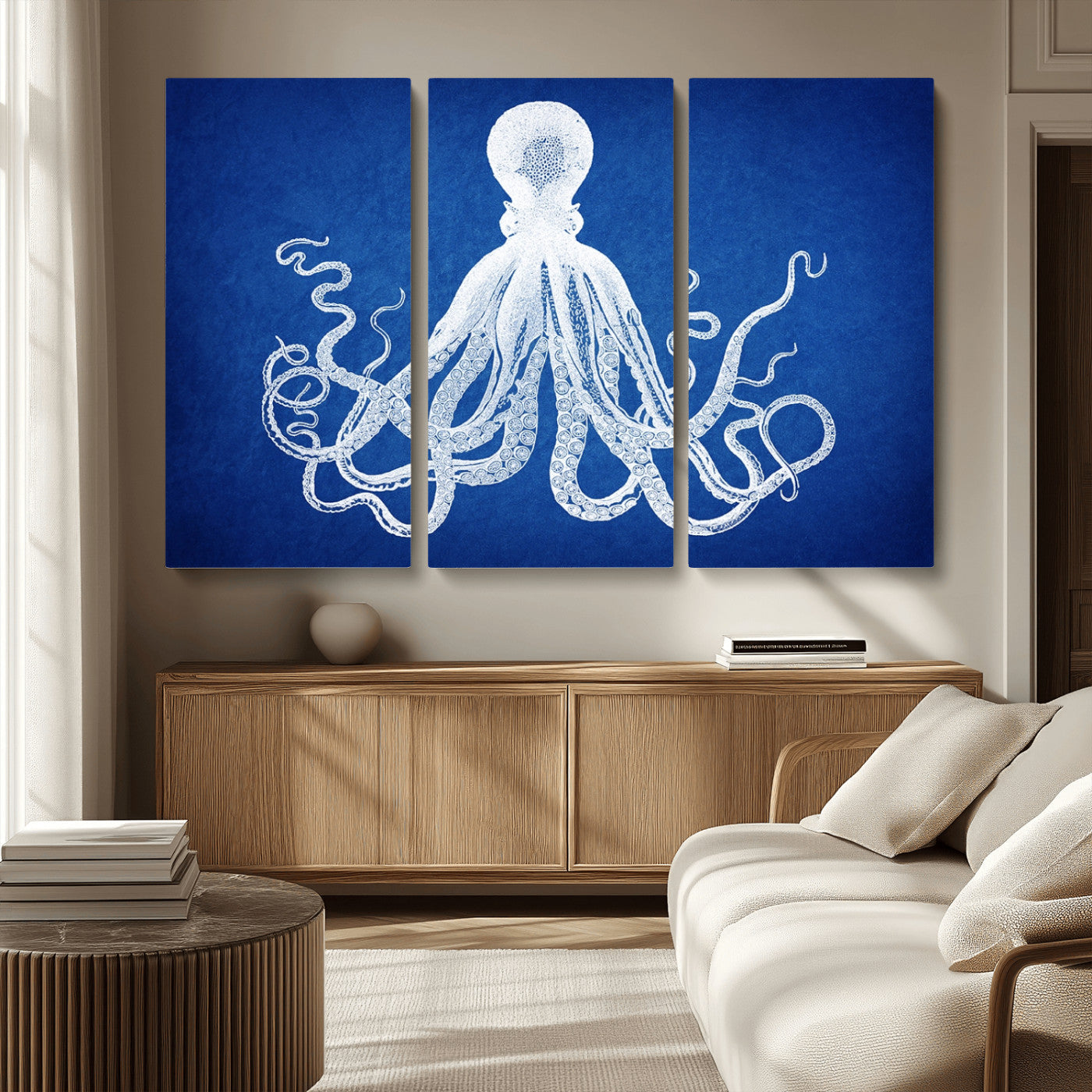 MGV-CV-48X32-3P - Large 3-Panel Blue Octopus Canvas Wall Art | Coastal Marine Life Artwork for Living Room, Bedroom,