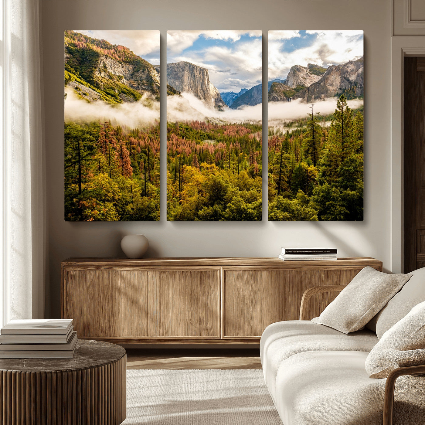 MGV-CV-48X32-3P - Half Dome Yosemite Canvas Wall Art – Majestic Triptych Landscape Print – National Park Nature Decor