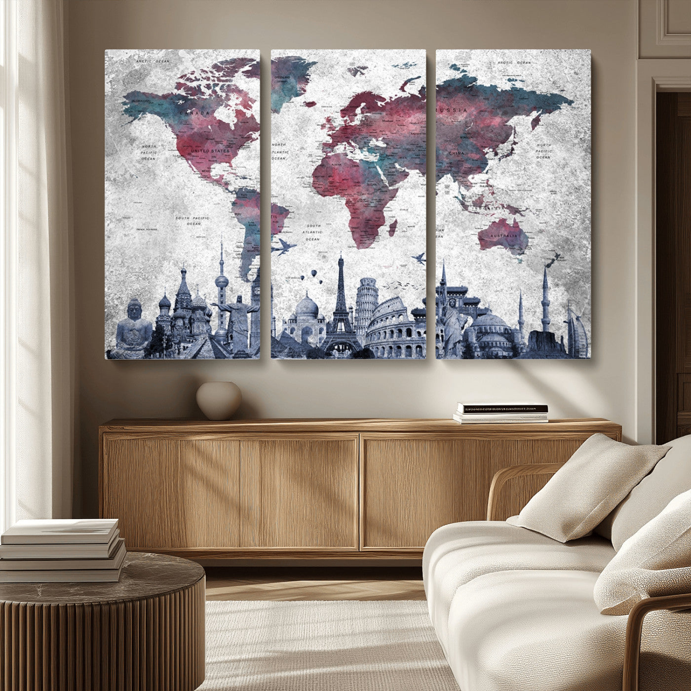 MGV-CV-48X32-3P - Push Pin World Map Canvas Print – Framed Wall Art for Couples to Track Their Travels – Anniversary