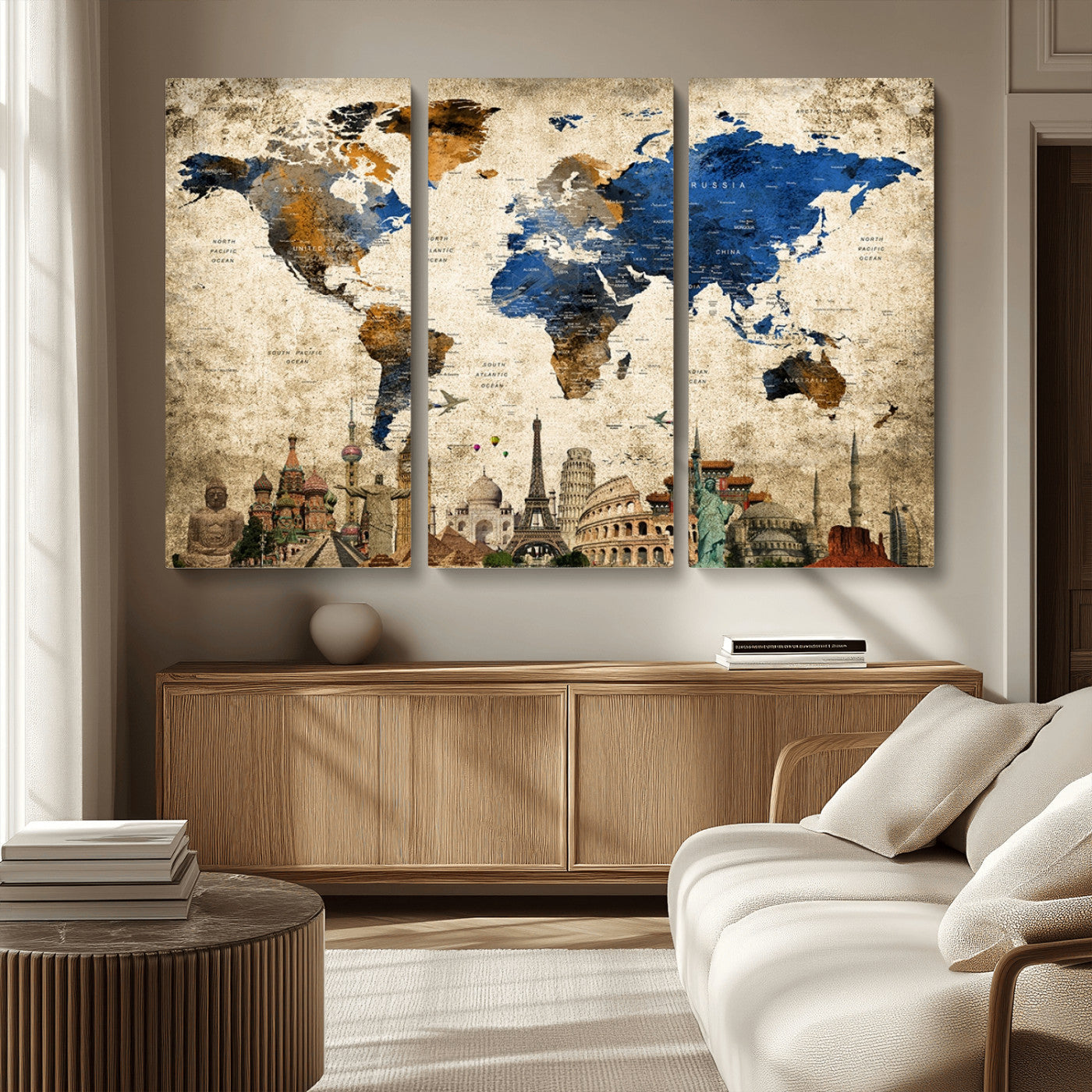MGV-CV-48X32-3P - Push Pin World Map Canvas Print – Framed Wall Art for Couples to Track Their Travels – Anniversary