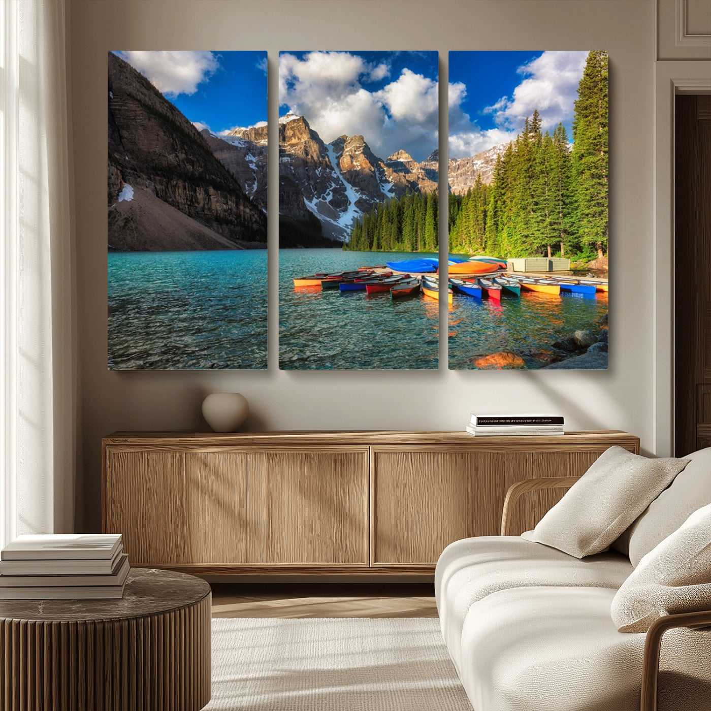 MGV-CV-48X32-3P - Moraine Lake 3-Panel Wall Art, Majestic Mountain and Lake Landscape Canvas Print Canoes on Moraine
