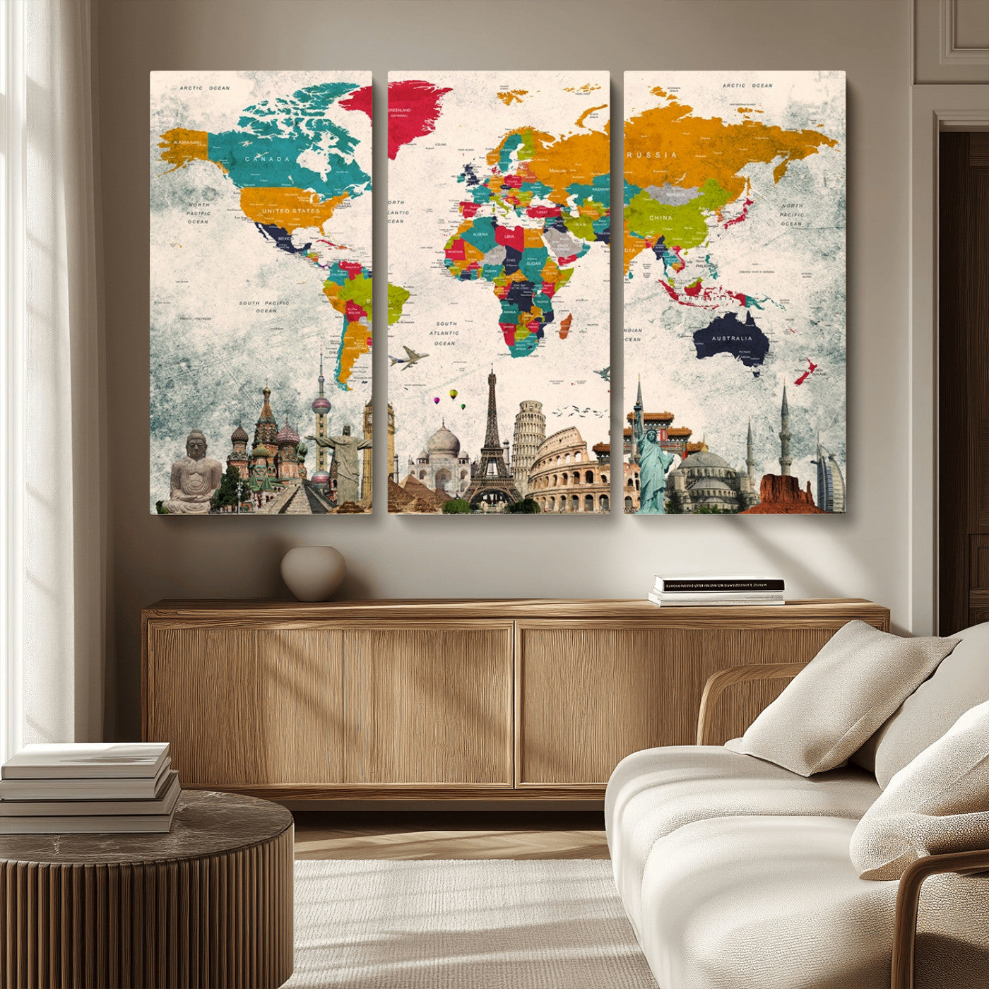 MGV-CV-48X32-3P - Push Pin World Map Canvas Print – Framed Wall Art for Couples to Track Their Travels – Anniversary