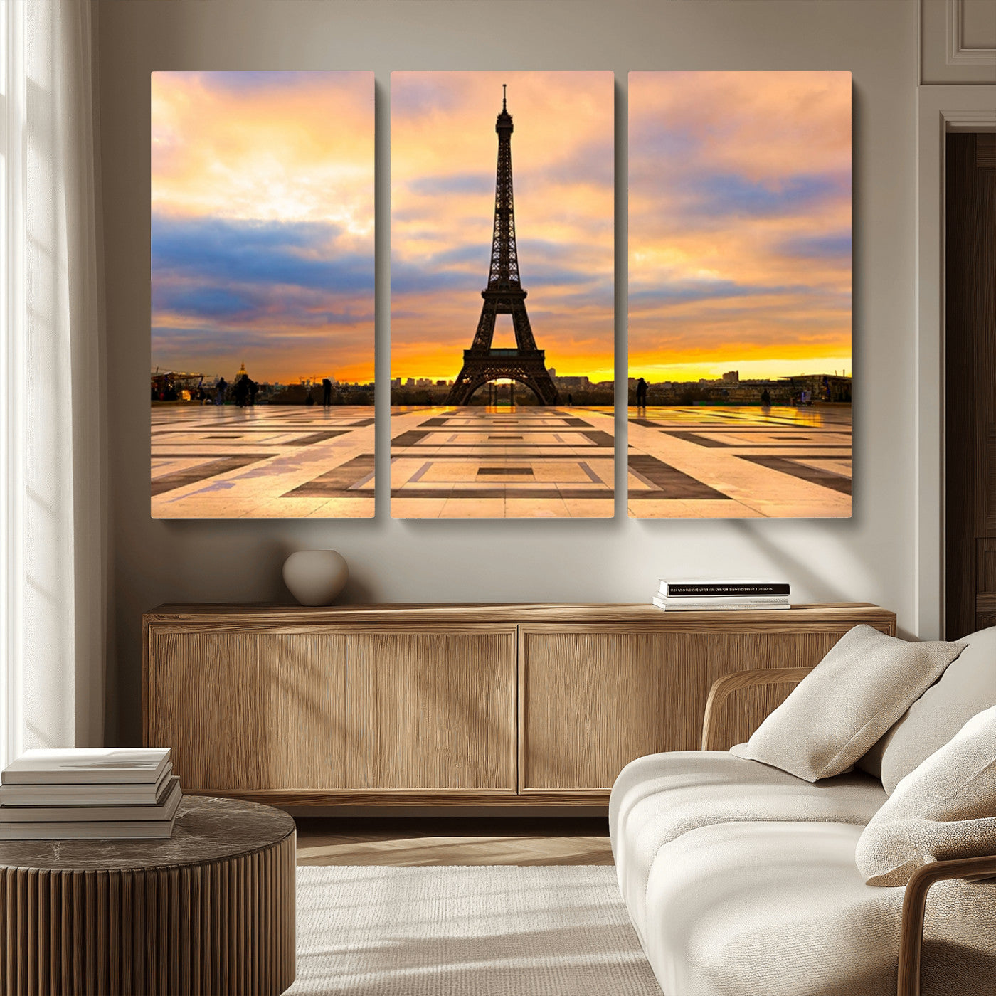 MGV-CV-48X32-3P - Paris Eiffel Tower Sunset Canvas Wall Art Print - Iconic Landmark Decor with Vibrant Colors