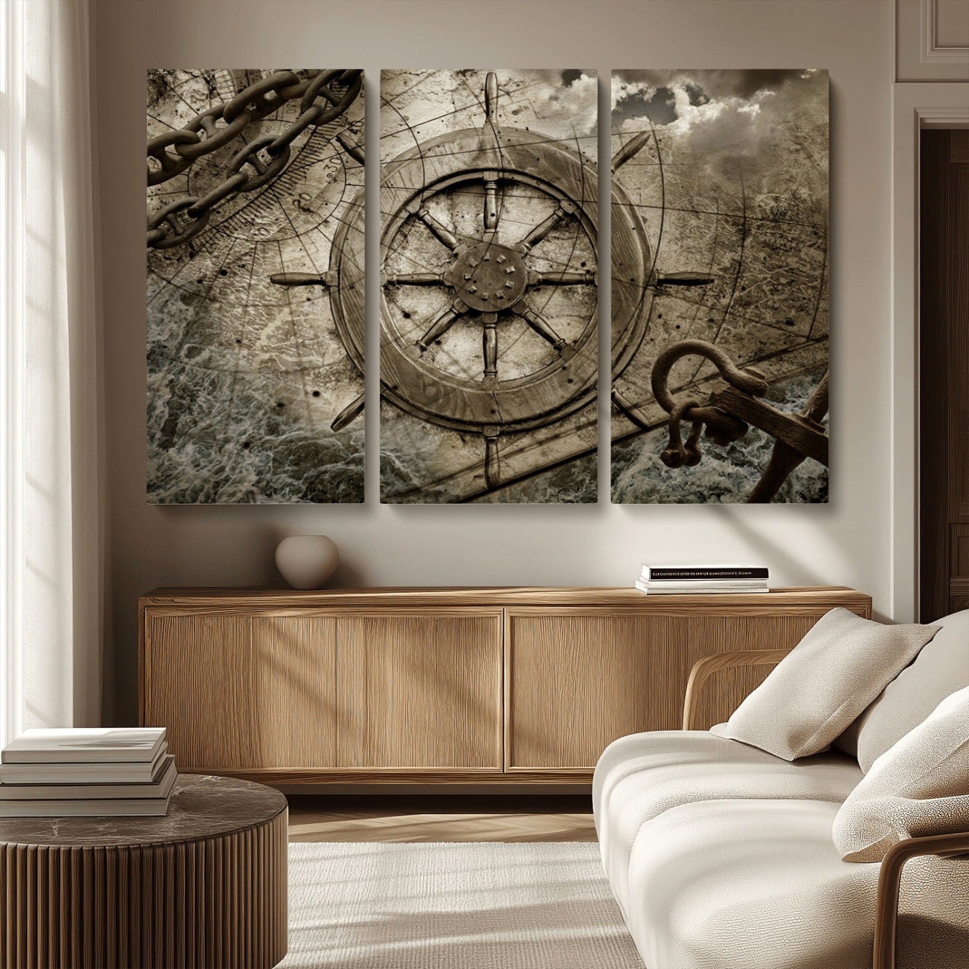 MGV-CV-48X32-3P - Wooden Ship Wheel Canvas Print, Multi Panel Canvas Wall Art Print