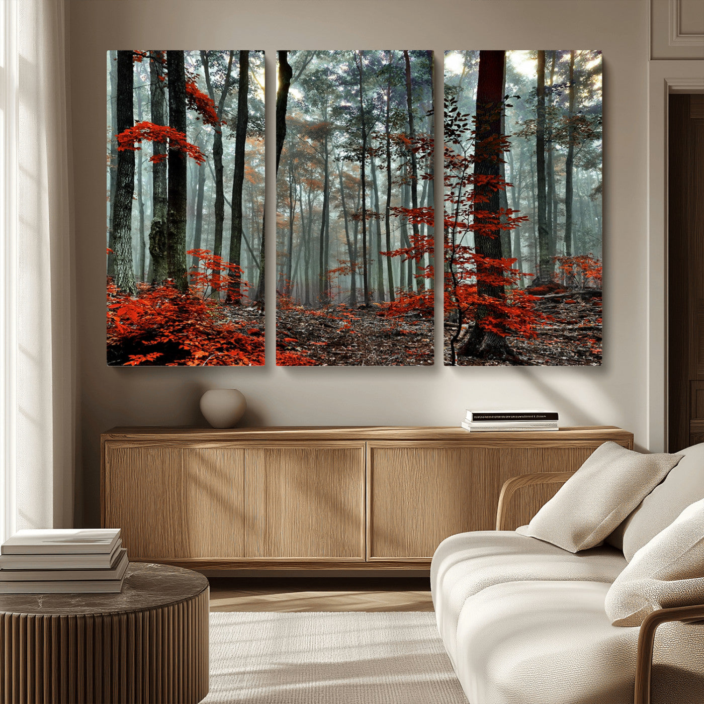 MGV-CV-48X32-3P - Autumn Forest Canvas Wall Art – Enchanting Red Leaves Triptych Print – Nature-Inspired Decor for