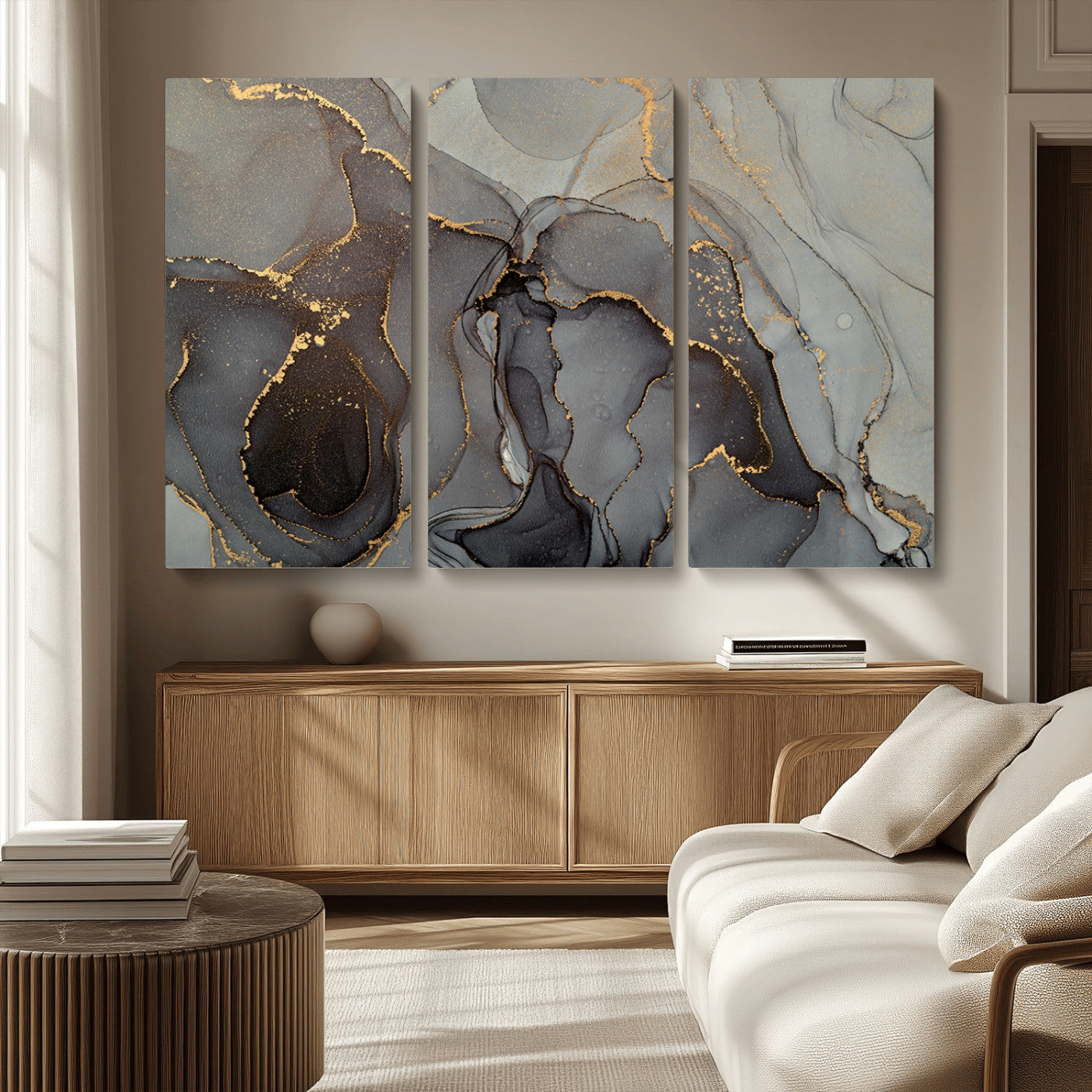 MGV-CV-48X32-3P - Gray Marble Fluid Effect Wall Art Abstract Canvas Wall Art Print