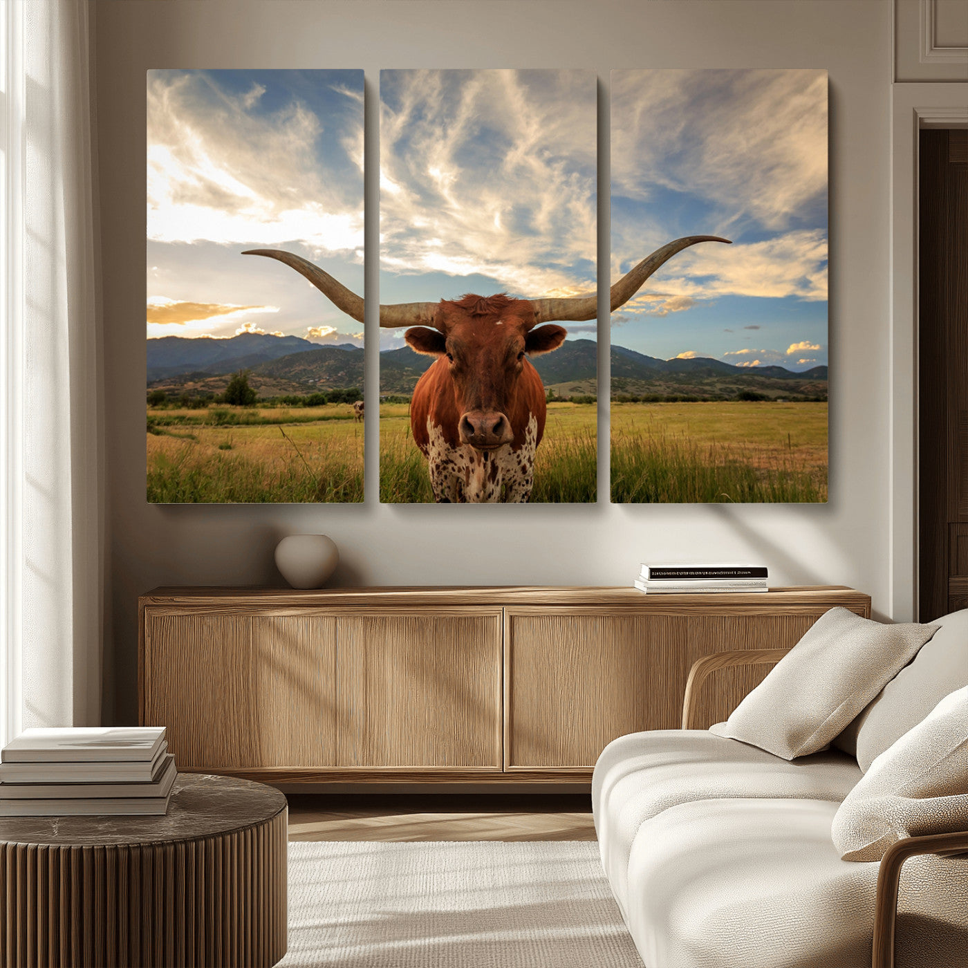 MGV-CV-48X32-3P - Texas Longhorn Canvas Wall Art – Majestic Triptych Animal Print – Rustic Western Decor for Living
