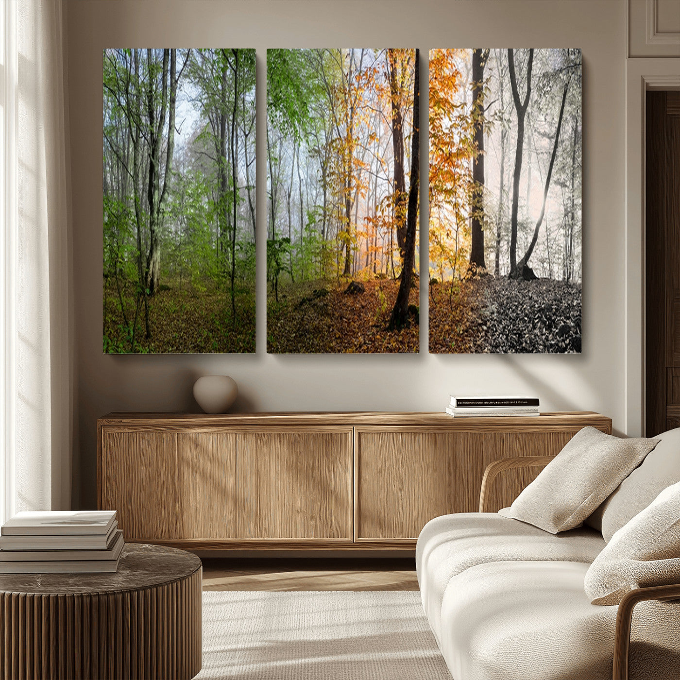 MGV-CV-48X32-3P - Four Seasons Wall Art Forest Canvas Print – Triptych Seasonal Nature Print – Landscape Decor for