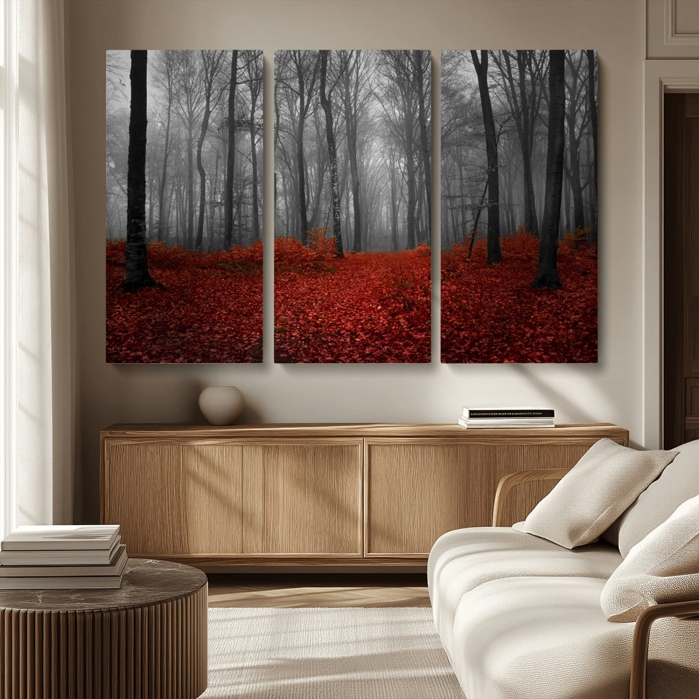 MGV-CV-48X32-3P - Red Forest Floor Canvas Wall Art – Mystical Foggy Woodland Triptych – Nature-Inspired Decor for
