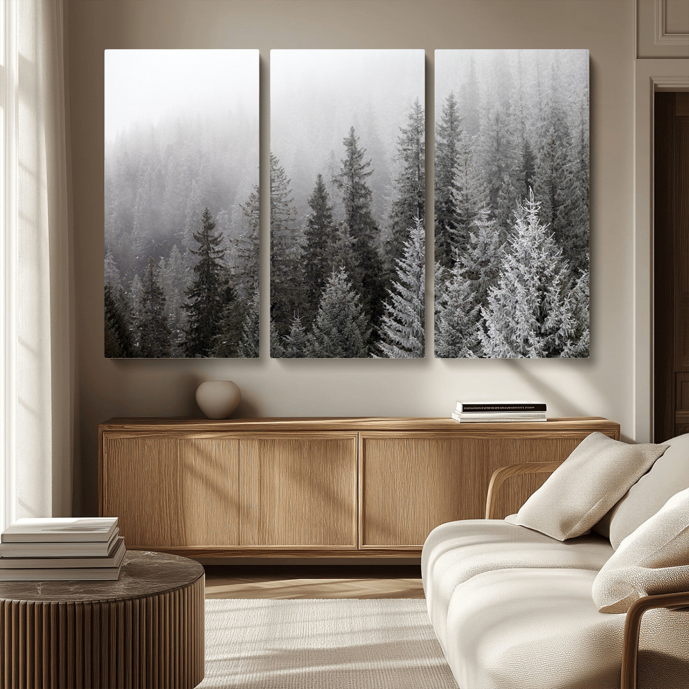MGV-CV-48X32-3P - Big Foggy Forest and Misty Trees Forest Wall Art Canvas Print
