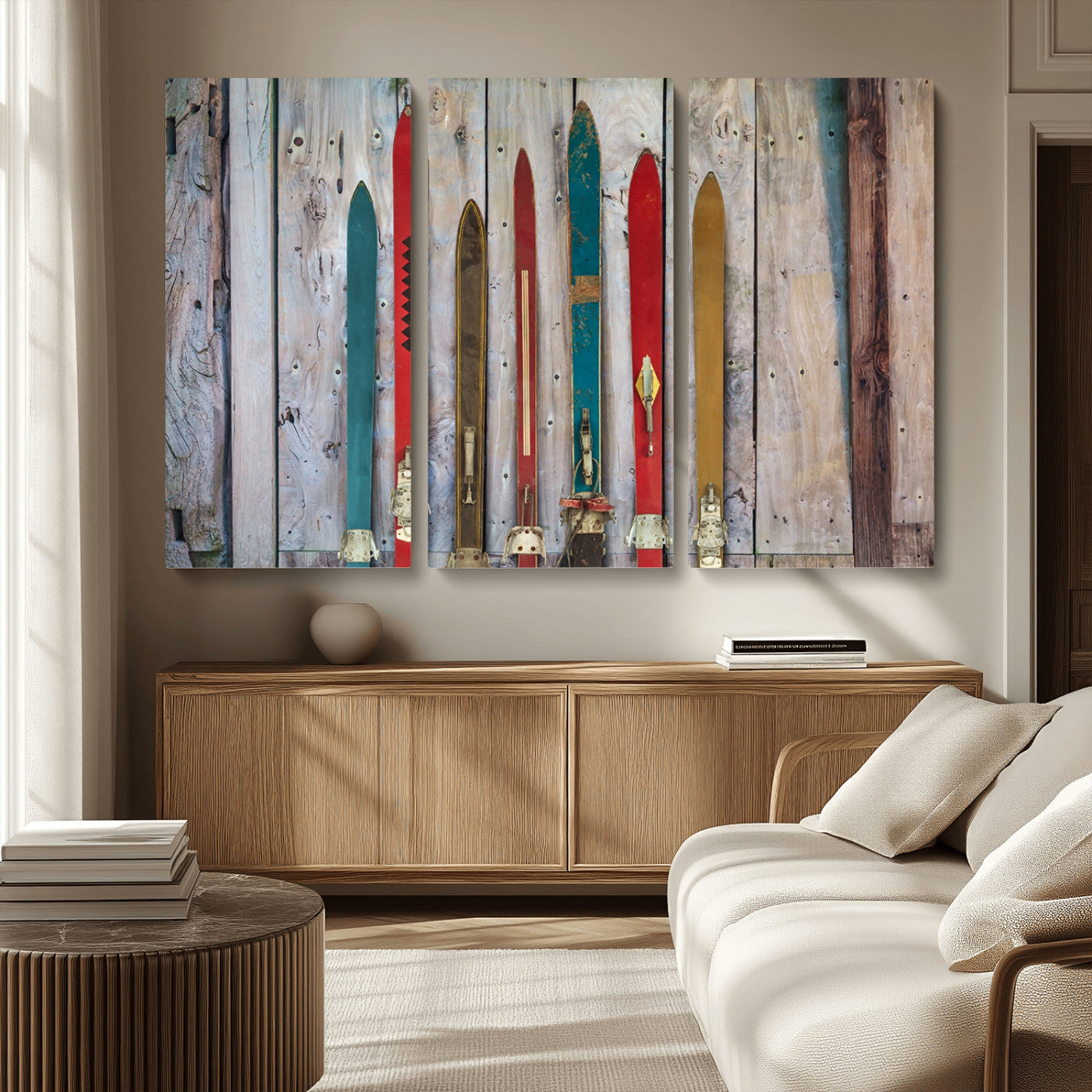 MGV-CV-48X32-3P - Vintage Wooden Weathered Ski's in Front of an Old Barn Wall Art Canvas Print for Farmhouse, Cabin