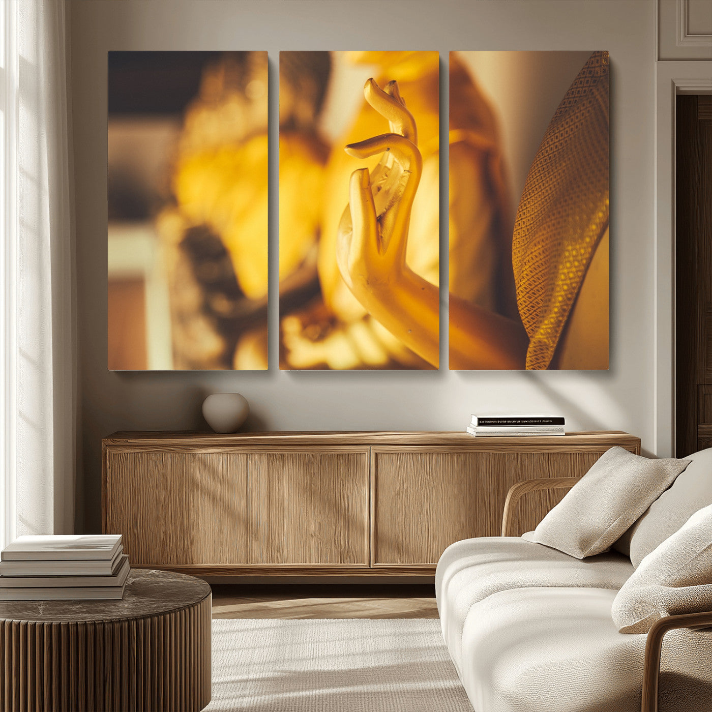 MGV-CV-48X32-3P - Gold Buddha Statue Hands Wall Art Canvas Print