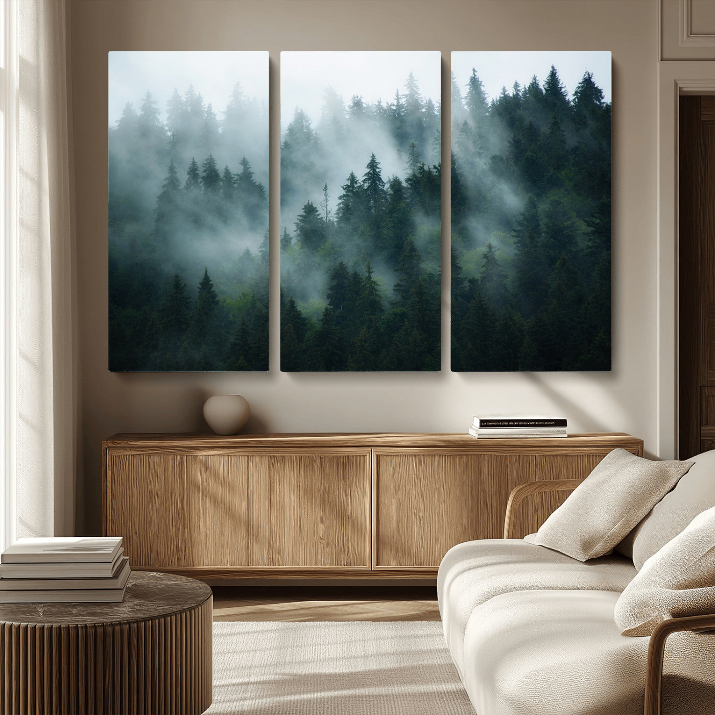 MGV-CV-48X32-3P - Foggy Forest 3-Panel Canvas Wall Art | Large Giclée Nature Scene Print for Living Room, Office, or